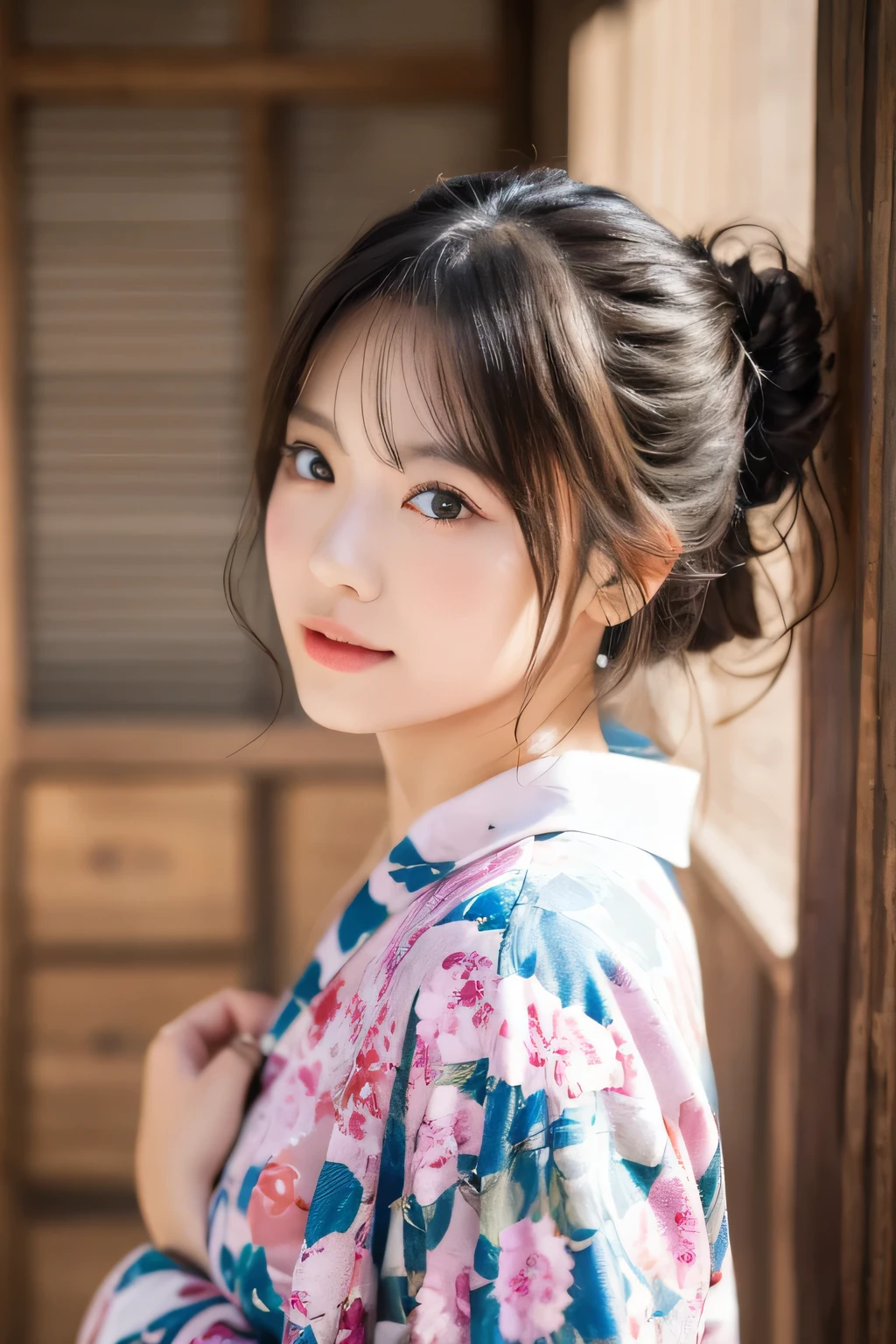 ((masterpiece、highest quality、super fine、High resolution))、alone、beautiful girl、shining eyes、perfect eyes、Japan's beautiful sister、bun hair、Yukata with white floral pattern、Festive background、High level image quality、4K.