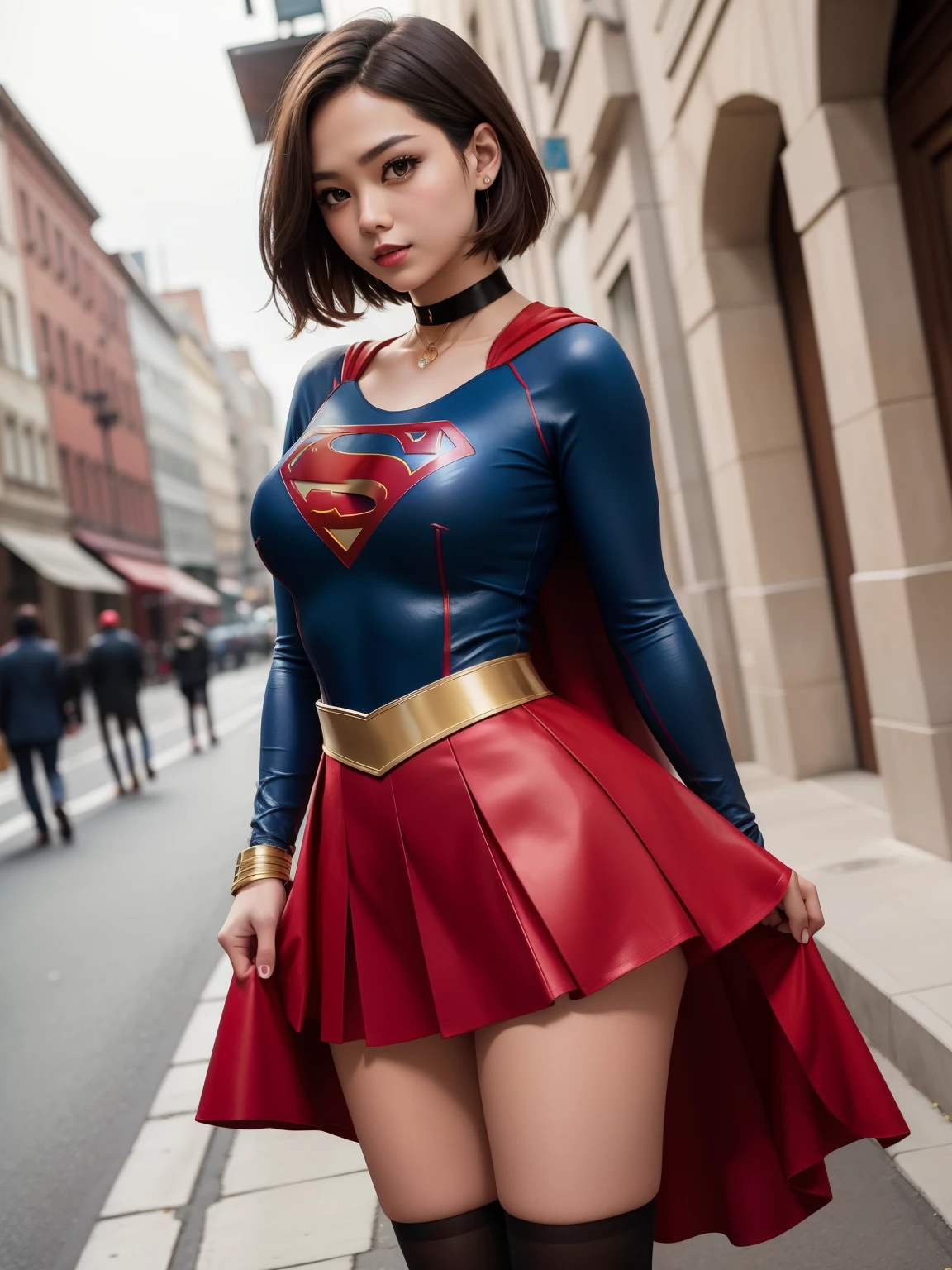 highest quality,masterpiece,supergirl costume、short hair、big and full breasts、look at the camera、shiny costume、choker、red mini skirt、Fashion magazine cover style、street snap