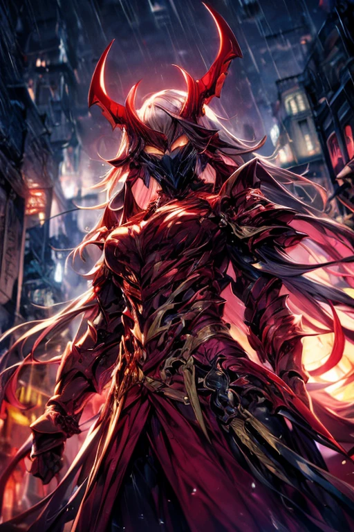 Perfect masterpiece, (Masterpiece:1.2), Best quality, high resolution, Beautiful detailed, Extremely detailed, Perfect lighting, high quality, high resolution, highest image quality, 8k hd. 
1guy. 
blood red and blue hair, Faceless, yellow eyes, glowing eyes, demon horns, long horns. 
Elegant. 
blood red and black uniform, battle armor, heavy metal, Energy lines, masks.
Night, flames on the background, dark clouds, thunderstorm, heavy rain. 
Dramatic lighting.
Highly detailed background.
