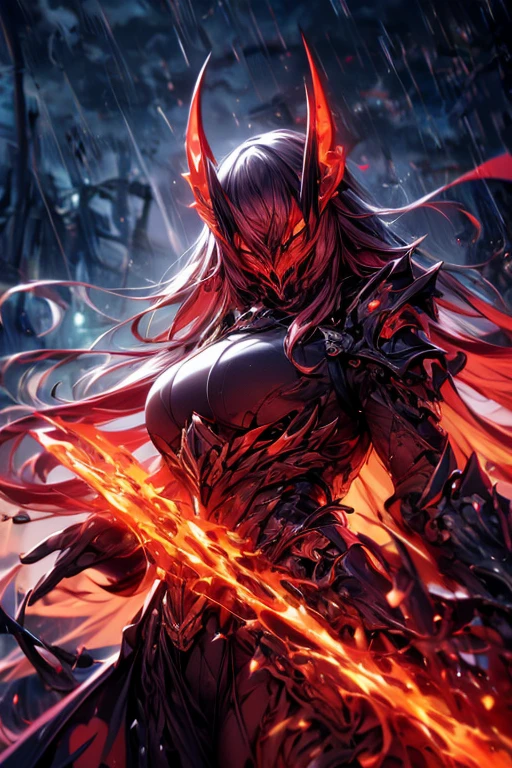 Perfect masterpiece, (Masterpiece:1.2), Best quality, high resolution, Beautiful detailed, Extremely detailed, Perfect lighting, high quality, high resolution, highest image quality, 8k hd. 
1guy. 
blood red and blue hair, Faceless, yellow eyes, glowing eyes, demon horns, long horns. 
Elegant. 
blood red and black uniform, battle armor, heavy metal, Energy lines, masks.
Night, flames on the background, dark clouds, thunderstorm, heavy rain. 
Dramatic lighting.
Highly detailed background.
