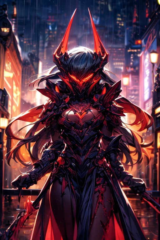 Perfect masterpiece, (Masterpiece:1.2), Best quality, high resolution, Beautiful detailed, Extremely detailed, Perfect lighting, high quality, high resolution, highest image quality, 8k hd. 
1guy. 
blood red and blue hair, Faceless, yellow eyes, glowing eyes, demon horns, long horns. 
Elegant. 
blood red and black uniform, battle armor, heavy metal, Energy lines, masks.
Night, flames on the background, dark clouds, thunderstorm, heavy rain. 
Dramatic lighting.
Highly detailed background.
