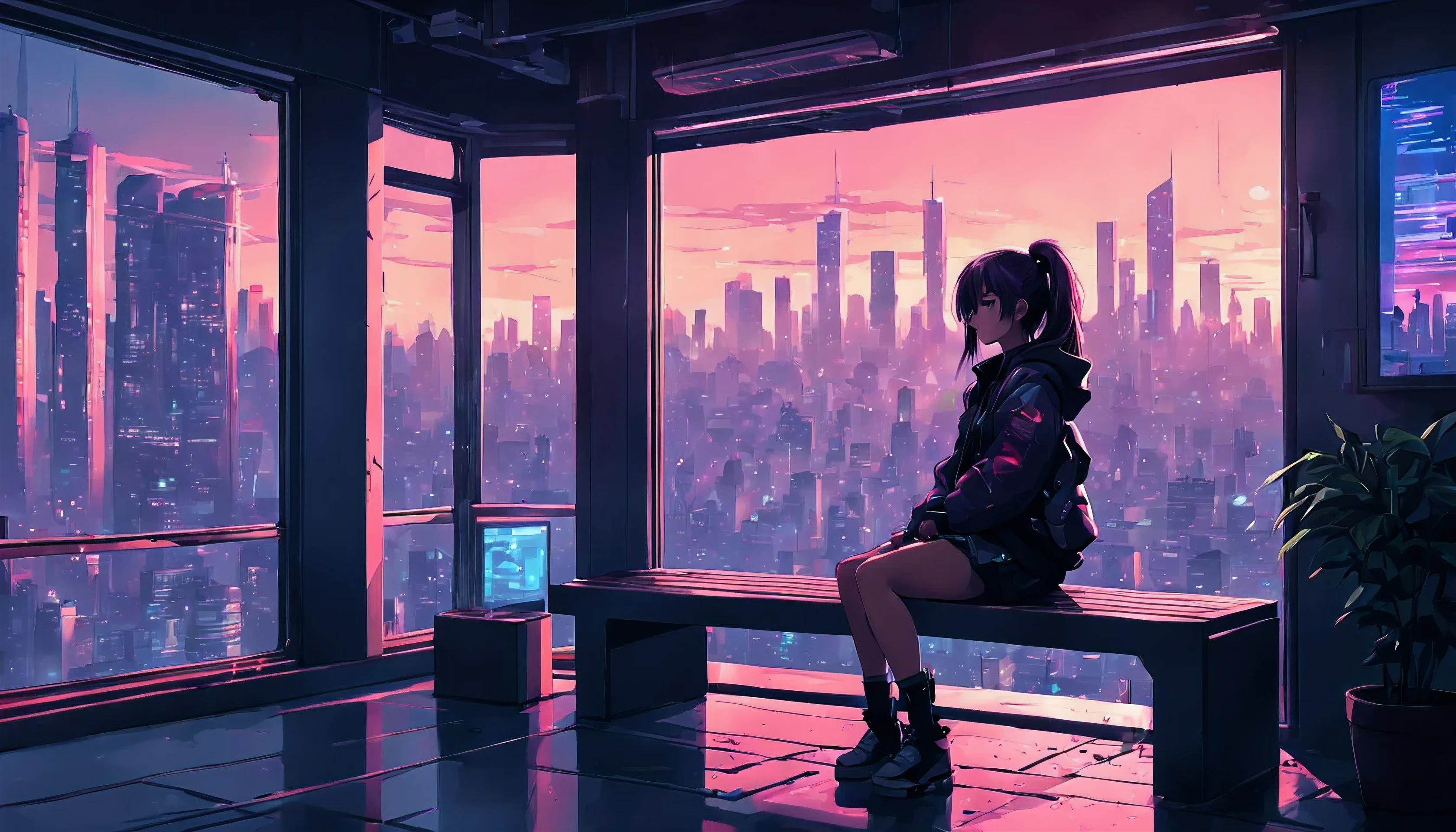 anime girl sitting on a bench in front of a window with a city view, cyberpunk art inspired by Alena Aenami, trending on Artstation, pixel art, cyberpunk art style, digital cyberpunk anime art, cyberpunk themed art, cyberpunk anime art, cyberpunk vibe, anime cyberpunk art, digital cyberpunk - anime art, dreamy cyberpunk girl, cyberpunk anime girl, cyberpunk artstyle, 8k, sharp, detailed