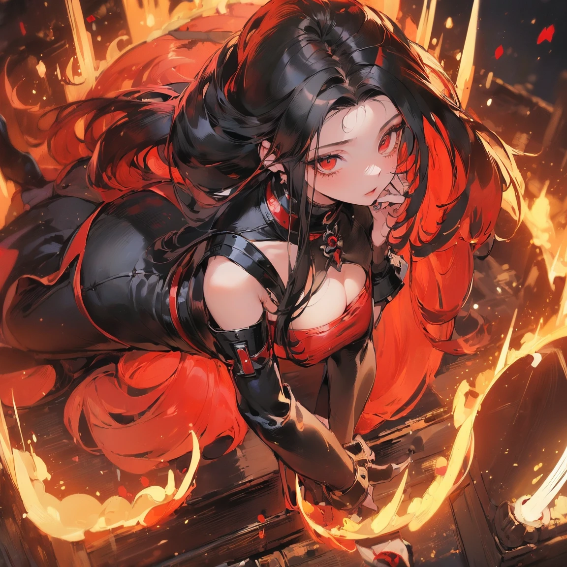 ((masterpiece:1.3)), ((realistic:1.2)), ((high quality:1.1)), ((detailed eyes and hair:1.1)), one girl, solo, 4K, 8K, official art professional, a girl wearing a long dress in the historical imperial kingdom in manhwa story, ((clear red eyes:1.2)), black hair with long length under shoulder, ((detailed hands)),((villainess count's daughter's atmosphere)).