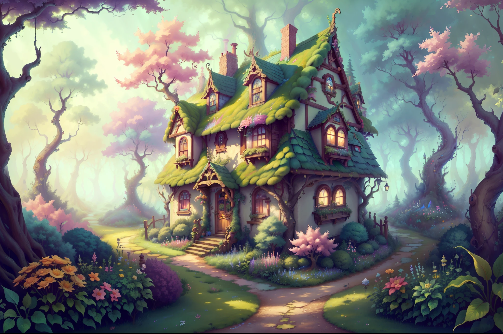 FairyTaleAI masterpiece, trending, 8K .cottage was nestled among the trees and surrounded by a beautiful garden filled with colorful flowers.