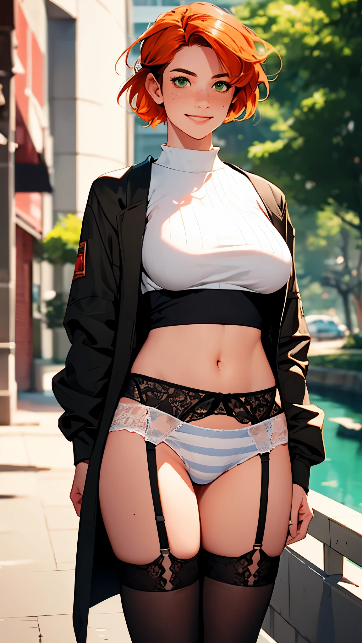 gwen tennyson,tracer,rey skywalker, rebecca chambers,jedi robes,green eyes,teenager,garter belt,striped underwear,short hair,orange hair,river, shy smile,ginger,white striped top, denim micro skirt,freckles,beautiful girl,stockings,large breasts, ultra detailed,realistic,