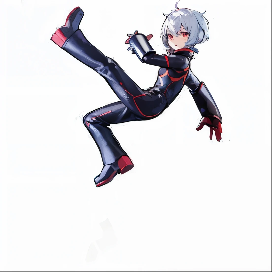 (table top, highest quality), (Perfect athlete body:1.2), (thin hair), Super detailed, anime style, whole body, Cyberpunk Ninja, Japan Hairstyles, red eyes, kung fuを振るう, Standing in the wasteland, Wear high-tech boots, 8K high resolution, trend art station, white background, Standing in the wasteland, whole body,kung fu、