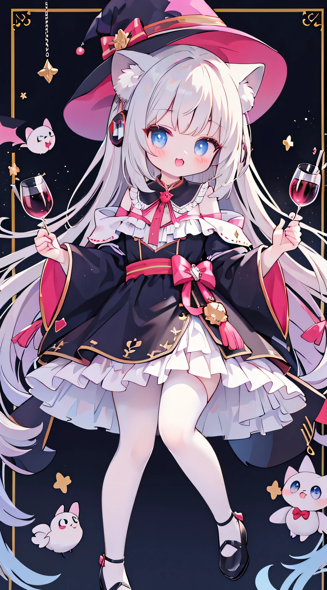 a girl、Holding a glass of red wine、long hair、wavy hair，fangs，shy，blush，Hot，halloween，Shooting star background、masterpiece、Top image quality、top quality、witch clothes、witch hat、超long hair，fox ears，white hair，(white and black pantyhose)，blue eyes、exquisite eyes、beautiful girl、Plump cheeks、cute dress、puffy sleeves、Ruffled skirt、pink ribbons、kawaii、loli、black leg rings，off shoulder strap lolita，with headphones，Wear a nurse's hat，Lift one foot up，Angel costume，Angelic scepter，vampire，black cat，White owl，black and white musical notes,Fuchsia eyes
