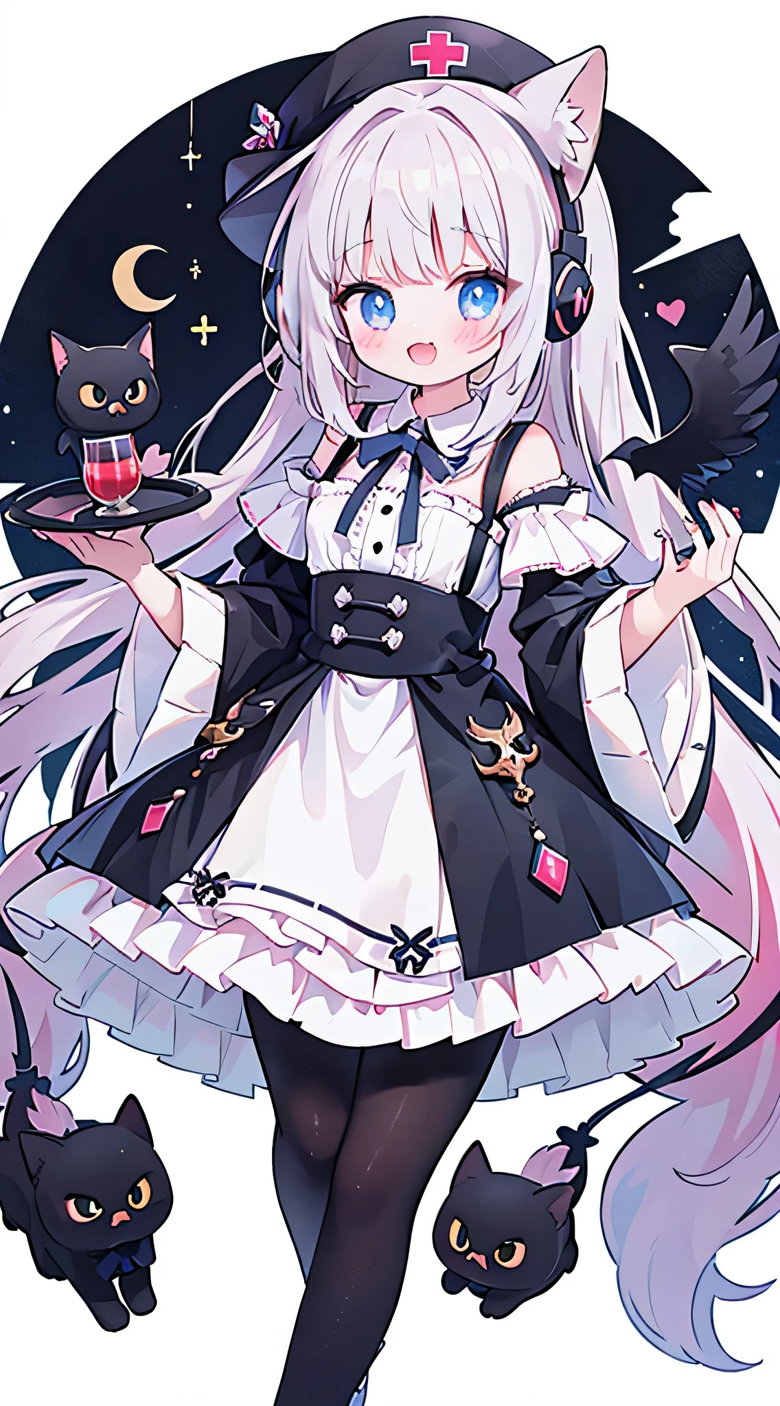a girl、Holding a glass of red wine、long hair、wavy hair，fangs，shy，blush，Hot，halloween，Shooting star background、masterpiece、Top image quality、top quality、witch clothes、witch hat、超long hair，fox ears，white hair，(white and black pantyhose)，blue eyes、exquisite eyes、beautiful girl、Plump cheeks、cute dress、puffy sleeves、Ruffled skirt、pink ribbons、kawaii、loli、black leg rings，off shoulder strap lolita，with headphones，Wear a nurse's hat，Lift one foot up，Angel costume，Angelic scepter，vampire，black cat，White owl，black and white musical notes,Fuchsia eyes