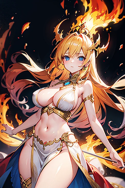 young woman, perfect body, shinny blueeyes, perfect boobs, perfect thighs, fire crown, long golden blonde curvy hair, transparent long white dress, lingerie, exposed belly, exposed thighs, red and gold mixture cloths, highly detailed enchanted cloths, standing and starring, head to mid thigh:4.5 photo, eye level camera angle, dark lighting, fire radiation, flames background, detailed background, fantasy art, hyper realistic,