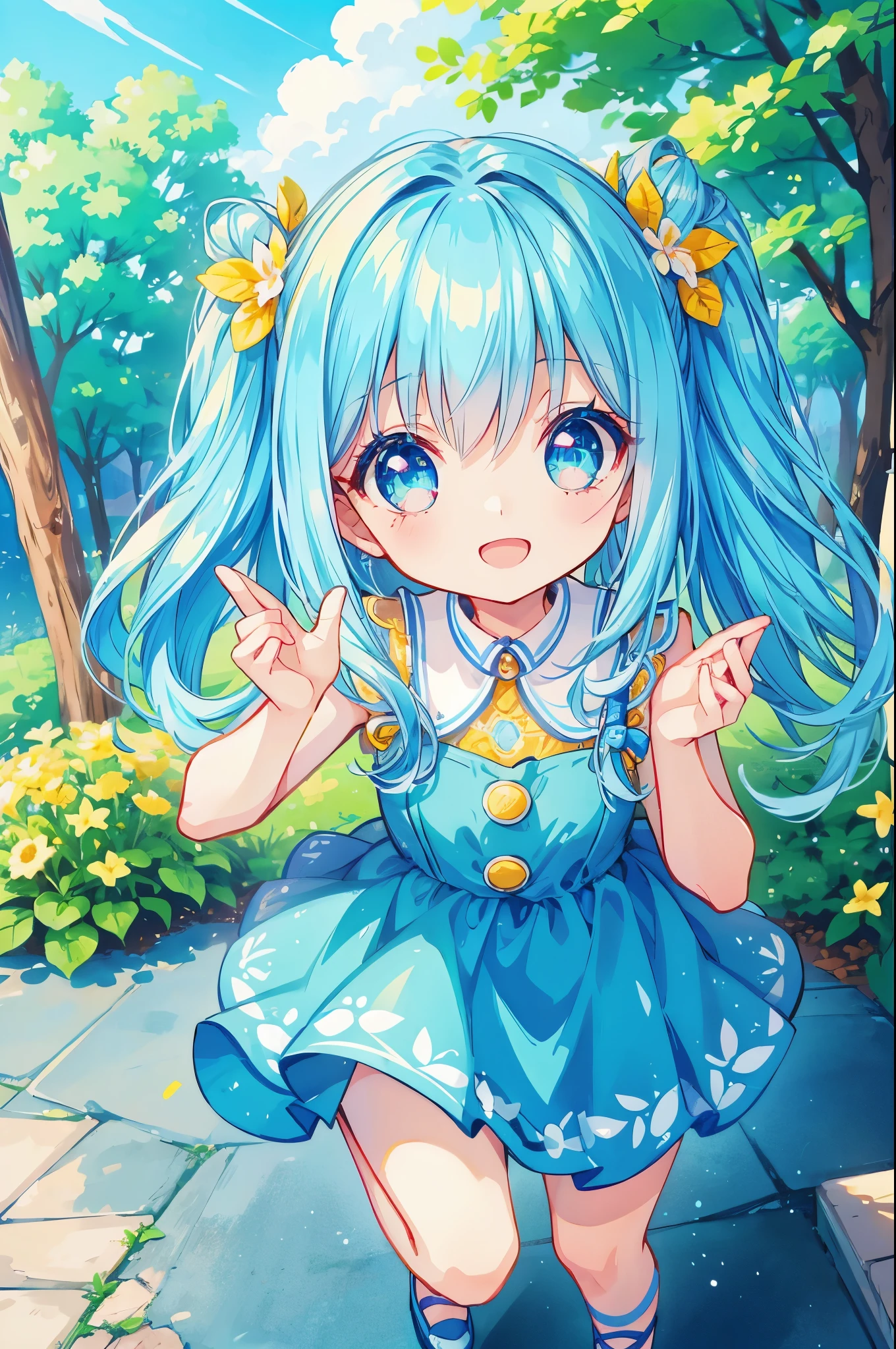 The girl is、neat hair ornament、cute surreal body bien、(detailed eyes、eyes like jewels、sparkling eyes:1.3)、open mouth smile、blue sky、Cute shoes、garden、sunlight filtering through the foliage