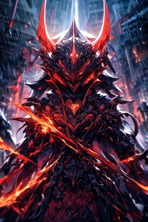 Perfect masterpiece, (Masterpiece:1.2), Best quality, high resolution, Beautiful detailed, Extremely detailed, Perfect lighting, high quality, high resolution, highest image quality, 8k hd. 
1guy. 
blood red and blue hair, Faceless, yellow eyes, glowing eyes, demon horns, long horns. 
Elegant. 
blood red and black uniform, battle armor, heavy metal, Energy lines, masks.
Night, flames on the background, dark clouds, thunderstorm, heavy rain. 
Dramatic lighting.
Highly detailed background.
