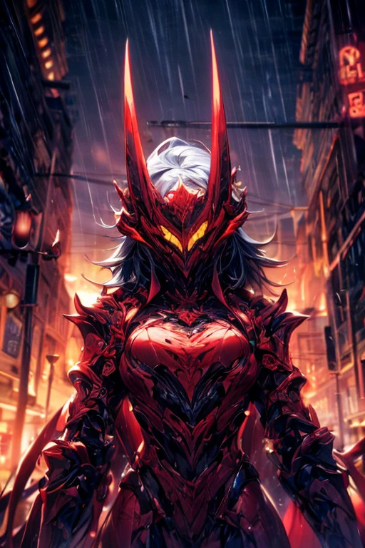 Perfect masterpiece, (Masterpiece:1.2), Best quality, high resolution, Beautiful detailed, Extremely detailed, Perfect lighting, high quality, high resolution, highest image quality, 8k hd. 
1guy. 
blood red and blue hair, Faceless, yellow eyes, glowing eyes, demon horns, long horns. 
Elegant. 
blood red and black uniform, battle armor, heavy metal, Energy lines, masks.
Night, flames on the background, dark clouds, thunderstorm, heavy rain. 
Dramatic lighting.
Highly detailed background.
