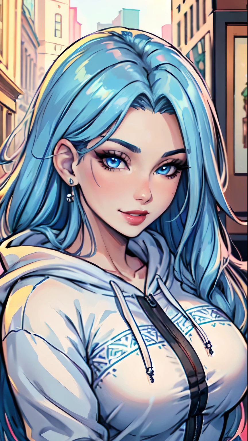 Masterpiece, raw, beautiful art, professional artist, 8k, art style by sciamano240, very detailed face, very detailed hair, 1girl, 25 years old, perfectly drawn body, beautiful face, long hair, light blue hair , very detailed blue eyes, pouty lips , rosey cheeks, intricate details in eyes, playful smile, looking directly at viewer , in love with viewer expression, wedding ring , lipstick, spring downtown setting, very close up on face, wearing trendy spring clothes, hoodie,