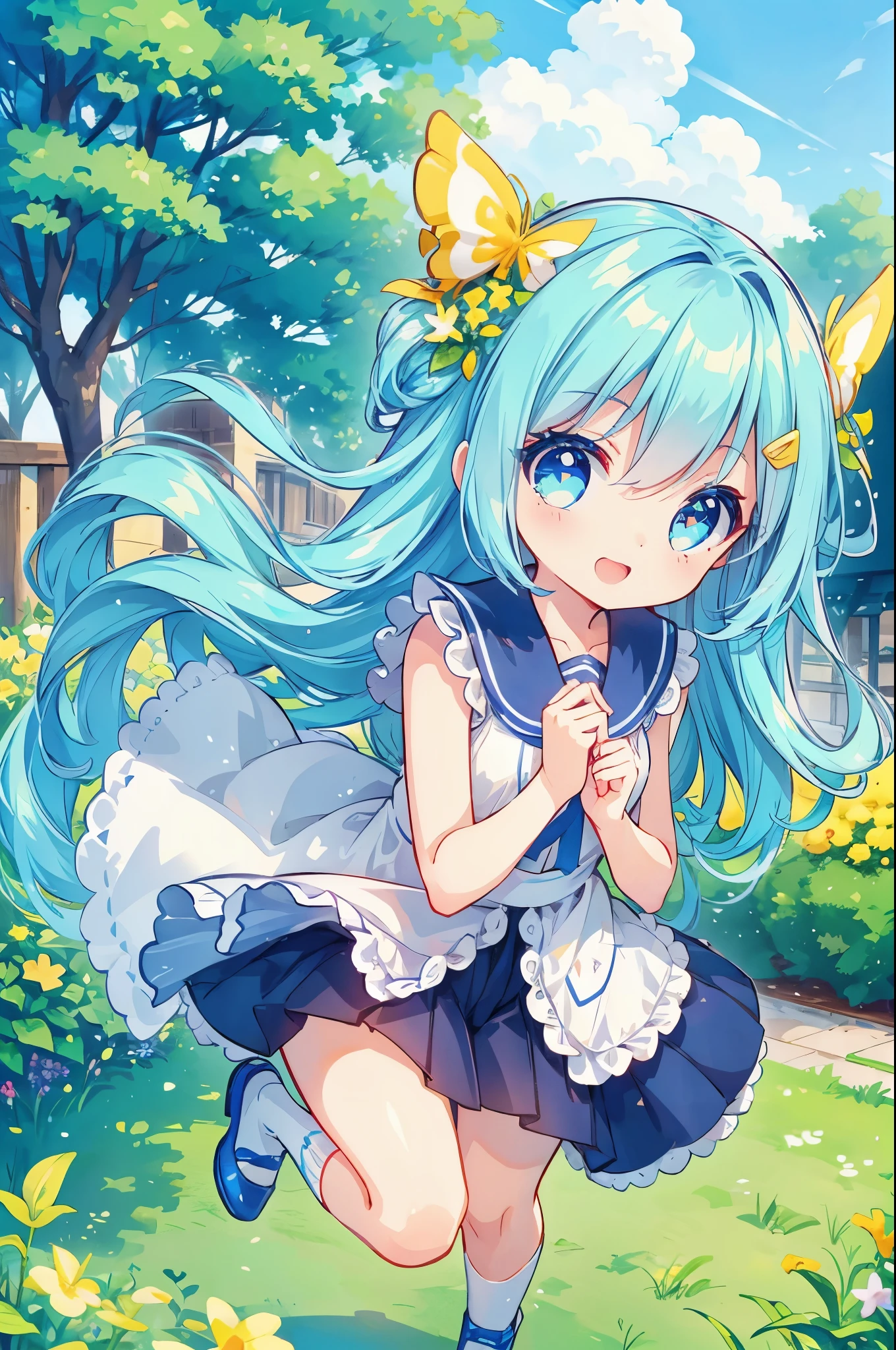 The girl is、neat hair ornament、cute surreal body bien、(detailed eyes、eyes like jewels、sparkling eyes:1.3)、open mouth smile、blue sky、Cute shoes、garden、sunlight filtering through the foliage