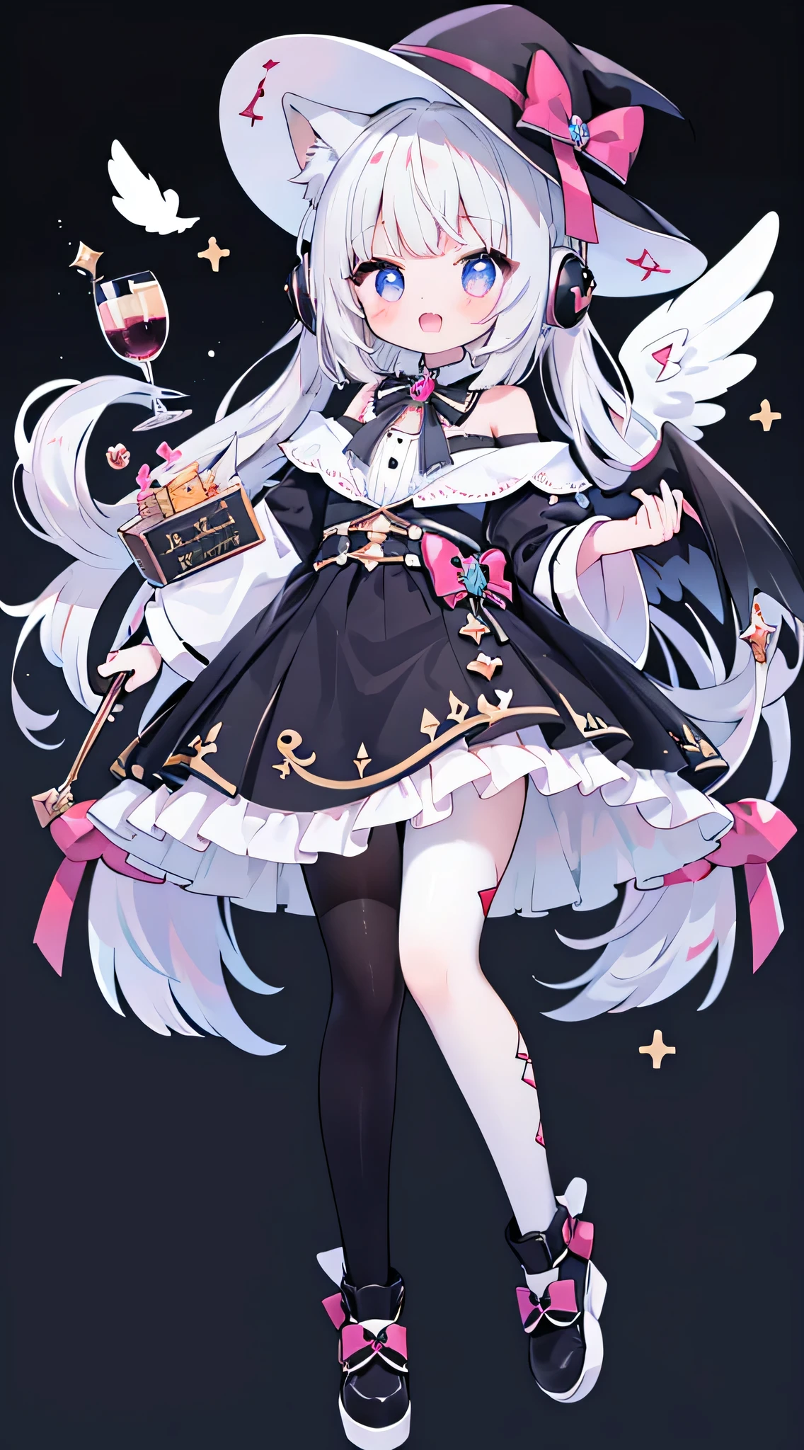 a girl、Angel costume,Angelic scepter,vampire,Holding a glass of red wine,Fuchsia eyes、Wear sneakers,There are a pair of small wings on the shoes,There is talisman paper on the head,jewelry,Take a photo pose,long hair、wavy hair,fangs,shy,blush,Hot,halloween,Shooting star background、masterpiece、Top image quality、top quality、witch clothes、witch hat、超long hair,fox ears,white hair,(white or black pantyhose),blue eyes、exquisite eyes、beautiful girl、Plump cheeks、cute dress、puffy sleeves、Ruffled skirt、pink ribbons、kawaii、、black leg rings,off shoulder strap loliith headphones,Wear a nurse's hat,Lift one foot up,black cat,White owl,black and white musical notes,