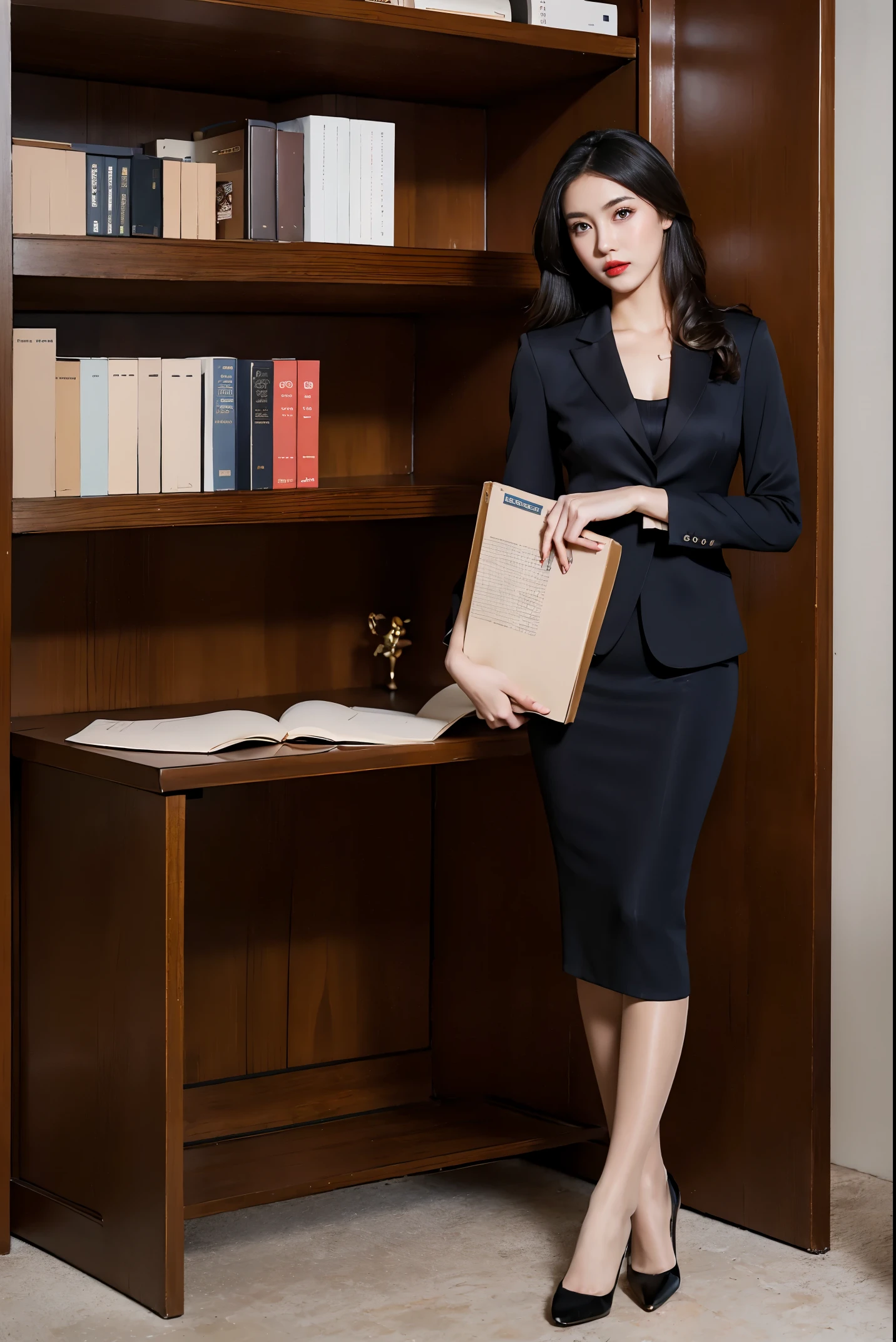 best quality, full body portrait, delicate face, pretty face, -yeld wo, slim figure, big bust, OL clothing, office clothing, business clothes, exterior, High heel,wavy hair,In the library,big eyes,red lips,Heavy makeup,skin tone