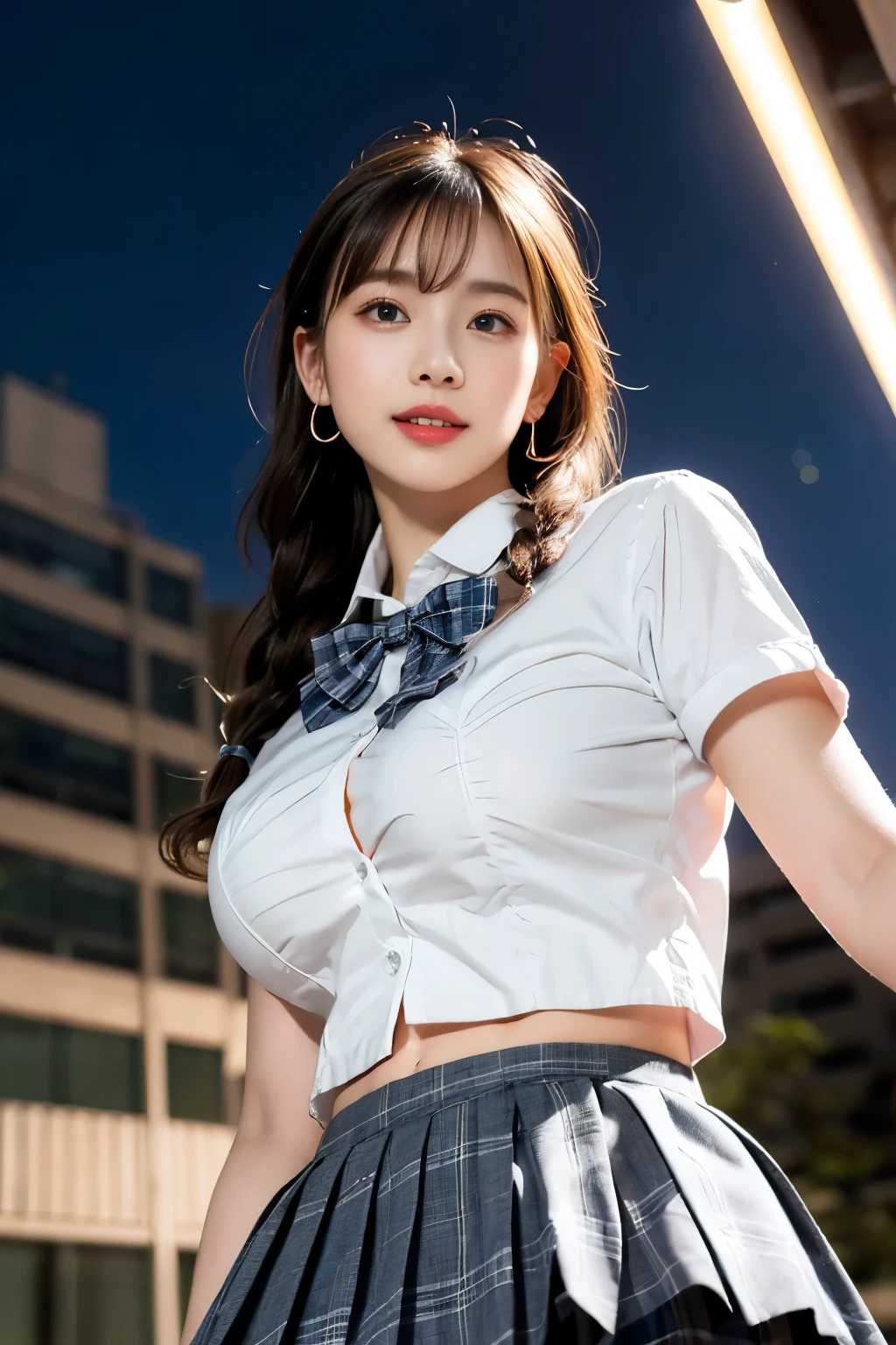 best image quality, RAW photo, ultra high resolution, (shot from below:1.5), gentle smile, golden ratio face、(tits:1.4), ribbon, school uniform, collared shirt, school uniform shirt, (Navel exposed:1.2)、(Plaid super mini skirt:1.2),(emphasizing thighs:1.2)、Smile、Fair skin, glossy white skin, wavy long hair、braided hair, bright silver hair, light gray hair, neatly trimmed bangs, beautiful eyes, beautiful eyes of random colors, very thin lips, beautiful eyes with details, elongated eyes, pale pink cheeks, long eyelashes, beautiful double eyelids, eye shadow, earrings, beautiful and detailed sky,Detailed Tokyo cityscape,night, beautiful and detailed eyes,(collared shirt:1.1), bow tie,red pleated skirt,(wavy hair、Braided hair:1.2),floating hair、night景が綺麗な屋上、(seductive pose:1.2)