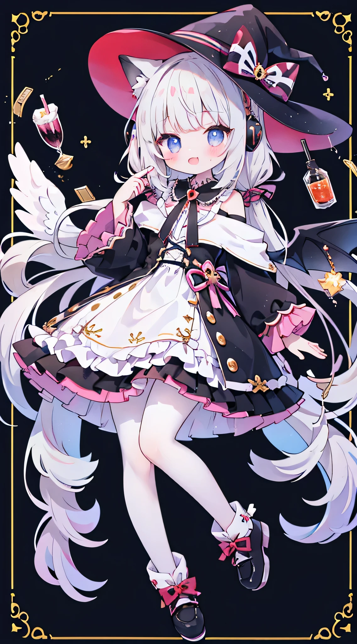 a girl、Angel costume,Angelic scepter,vampire,Holding a glass of red wine,Fuchsia eyes、Wear sneakers,There are a pair of small wings on the shoes,There is talisman paper on the head,jewelry,Take a photo pose,long hair、wavy hair,fangs,shy,blush,Hot,halloween,Shooting star background、masterpiece、Top image quality、top quality、witch clothes、witch hat、超long hair,fox ears,white hair,(white or black pantyhose),blue eyes、exquisite eyes、beautiful girl、Plump cheeks、cute dress、puffy sleeves、Ruffled skirt、pink ribbons、kawaii、loli、black leg rings,off shoulder strap lolita,with headphones,Wear a nurse's hat,Lift one foot up,black cat,White owl,black and white musical notes,