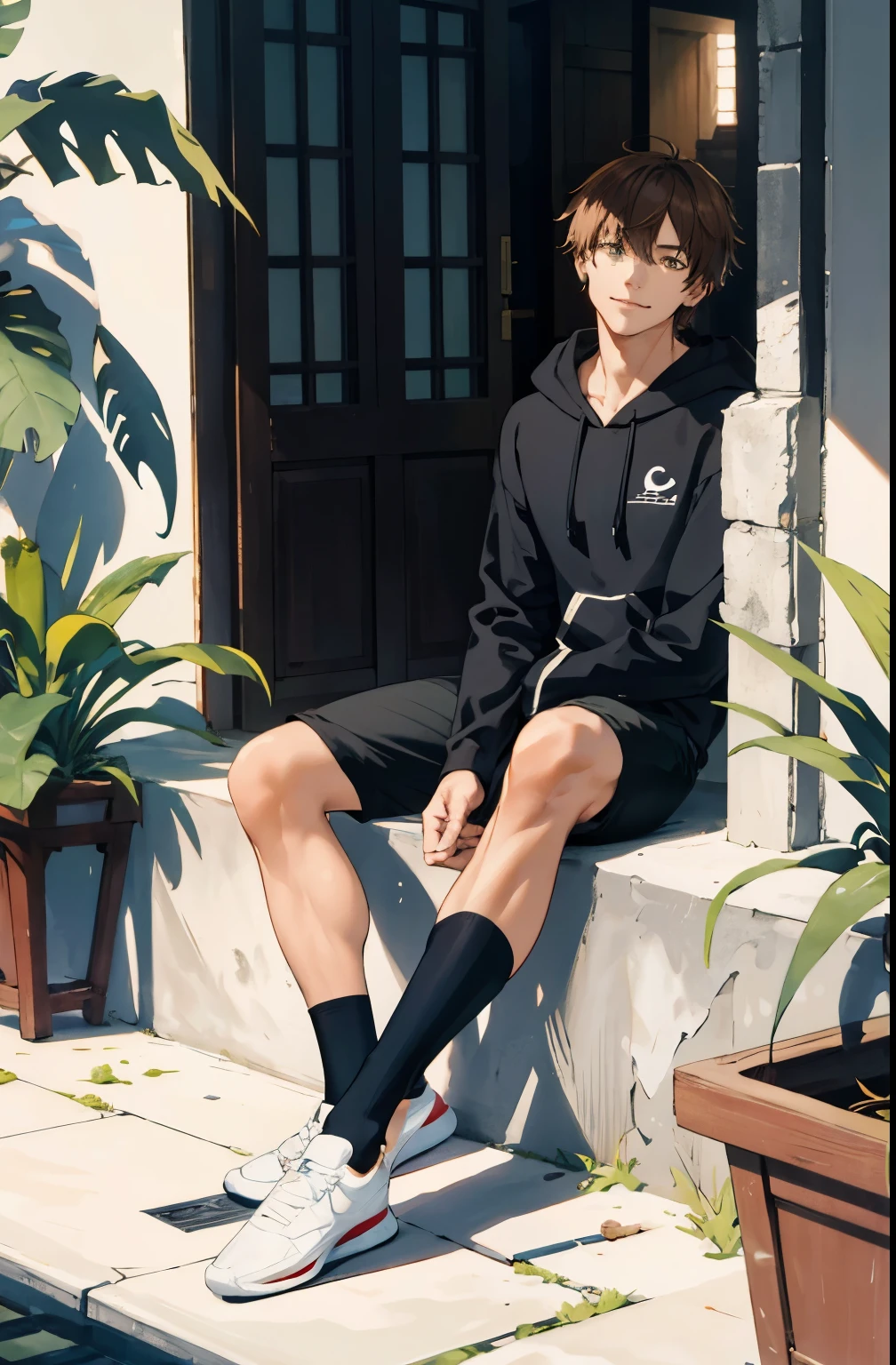 masterpiece, solo, best quality, 1 male, adult, tall muscular, handsome, finely detailed eyes, intricate details, casual clothes, oversized hood, shorts, tennis shoes, messy brown hair, mid length hair, complex pattern, best light and shadow, background is inside of house, sitting, dappled sunlight, day, depth of field, plants, summer, colorful, artistic, depth of field, smile, closed mouth