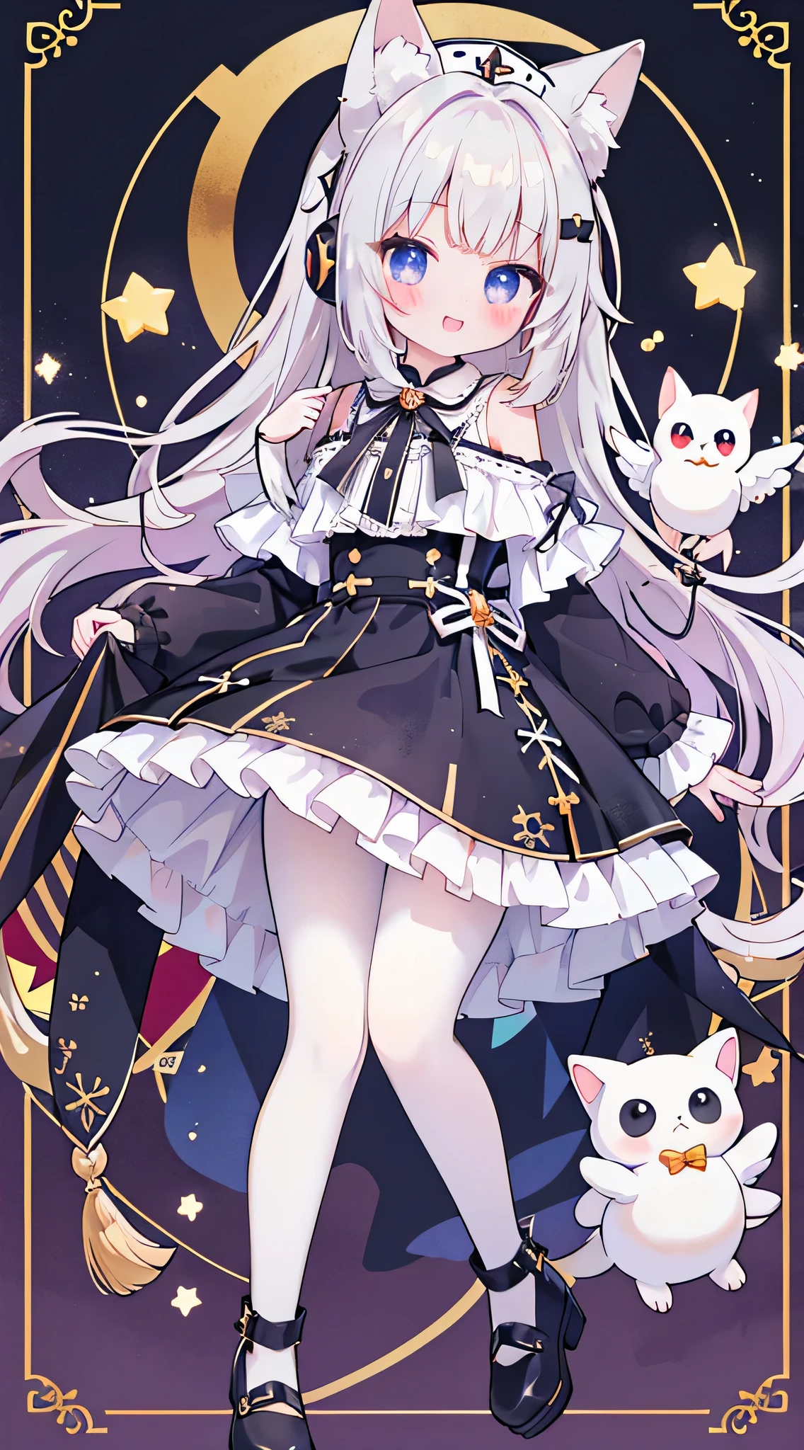 a girl、Angel costume,Angelic scepter,vampire,Holding a glass of red wine,Fuchsia eyes、Wear sneakers,There are a pair of small wings on the shoes,There is talisman paper on the head,jewelry,Take a photo pose,long hair、wavy hair,fangs,shy,blush,Hot,halloween,Shooting star background、masterpiece、Top image quality、top quality、witch clothes、witch hat、超long hair,fox ears,white hair,(white or black pantyhose),blue eyes、exquisite eyes、beautiful girl、Plump cheeks、cute dress、puffy sleeves、Ruffled skirt、pink ribbons、kawaii、loli、black leg rings,off shoulder strap lolita,with headphones,Wear a nurse's hat,Lift one foot up,black cat,White owl,black and white musical notes,