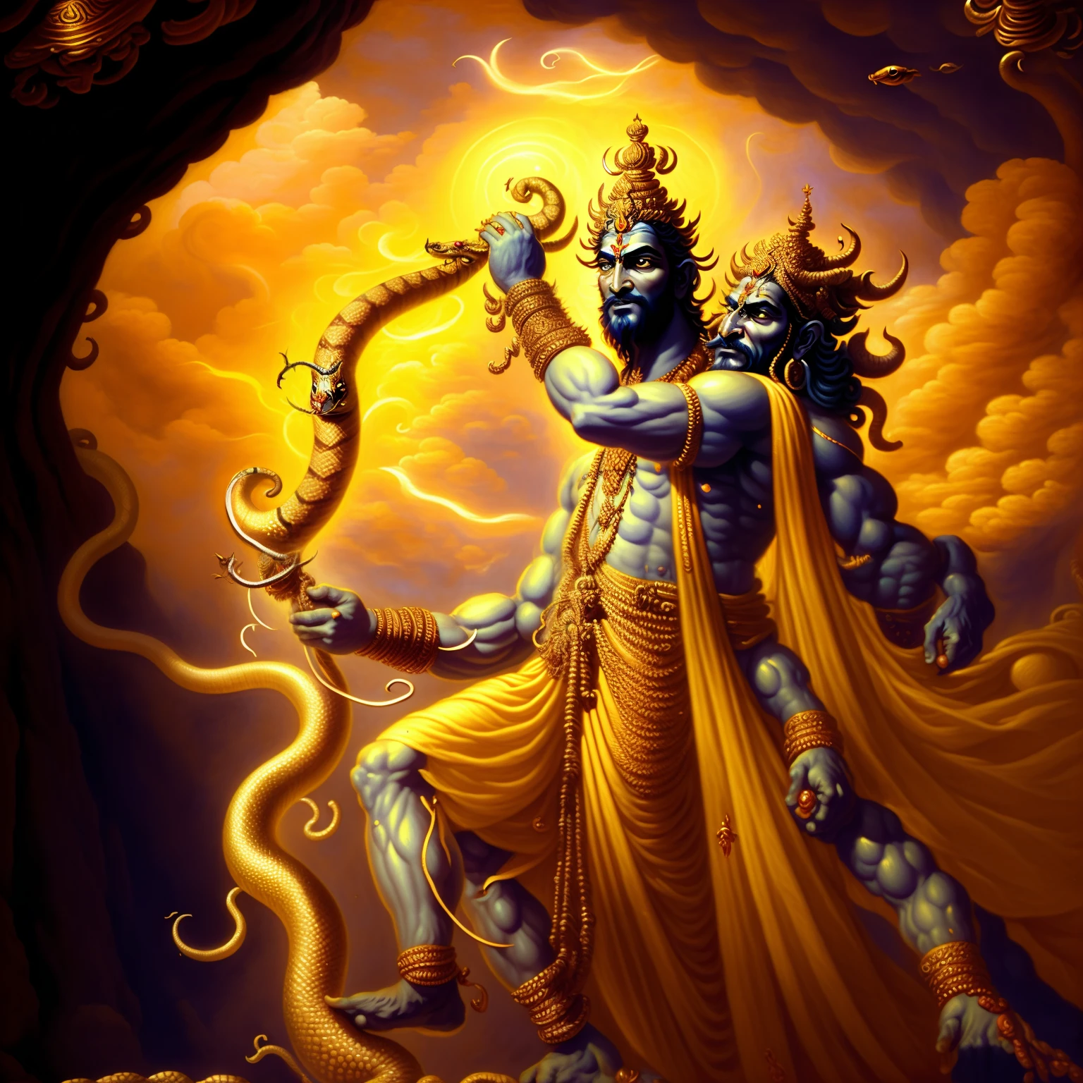 a painting of a man holding a snake in his hand, god ramthe destroyer, lord ram, from ramayan, vishnu, indian god, ram, attractive male deity, masterful composition!!!, hindu god, hindu gods, nagas, mobile wallpaper, beautiful image, accurate depiction, by Jitish Kallat, inspired by Kailash Chandra Meher, hinduism