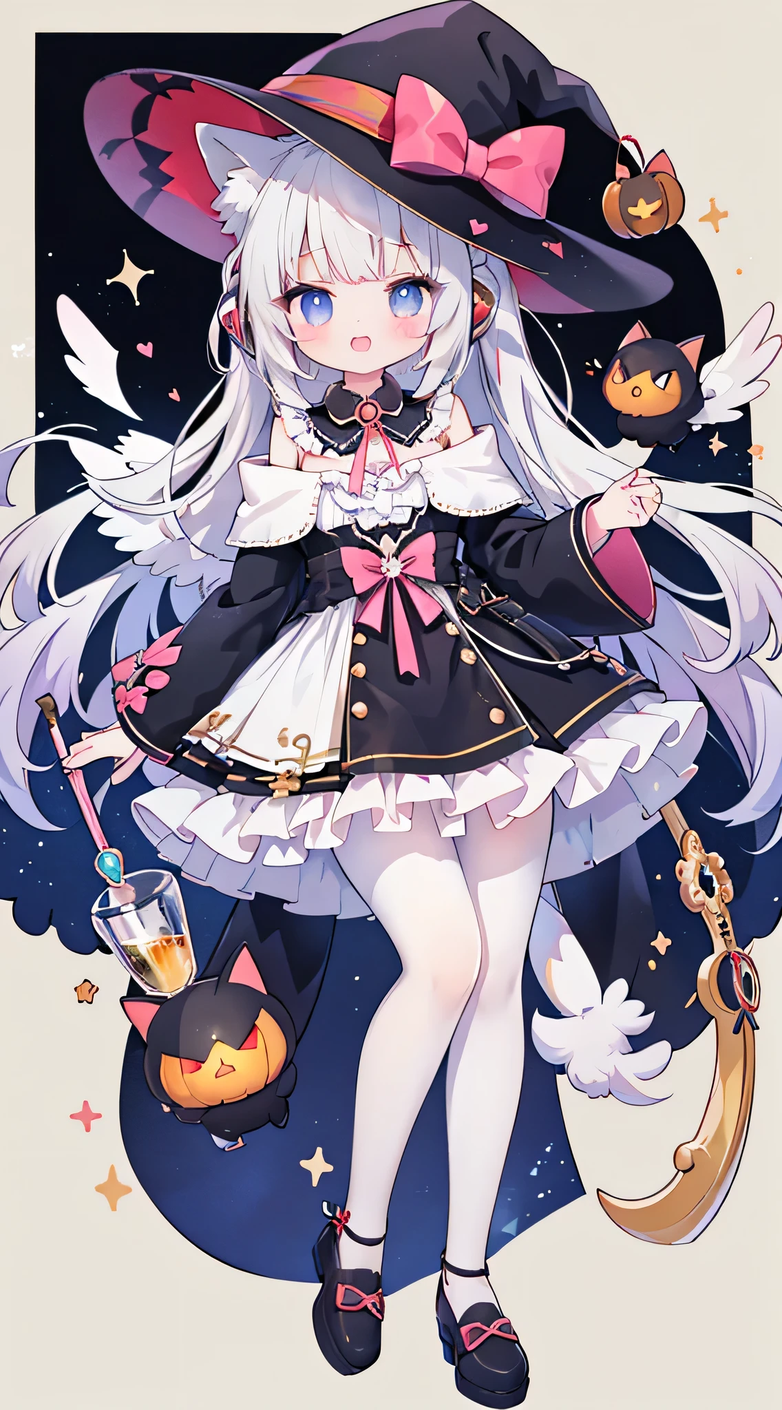 a girl、Angel costume,Angelic scepter,vampire,Holding a glass of red wine,Fuchsia eyes、Wear sneakers,There are a pair of small wings on the shoes,There is talisman paper on the head,jewelry,Take a photo pose,long hair、wavy hair,fangs,shy,blush,Hot,halloween,Shooting star background、masterpiece、Top image quality、top quality、witch clothes、witch hat、超long hair,fox ears,white hair,(white or black pantyhose),blue eyes、exquisite eyes、beautiful girl、Plump cheeks、cute dress、puffy sleeves、Ruffled skirt、pink ribbons、kawaii、、black leg rings,off shoulder strap loliith headphones,Wear a nurse's hat,Lift one foot up,black cat,White owl,black and white musical notes,