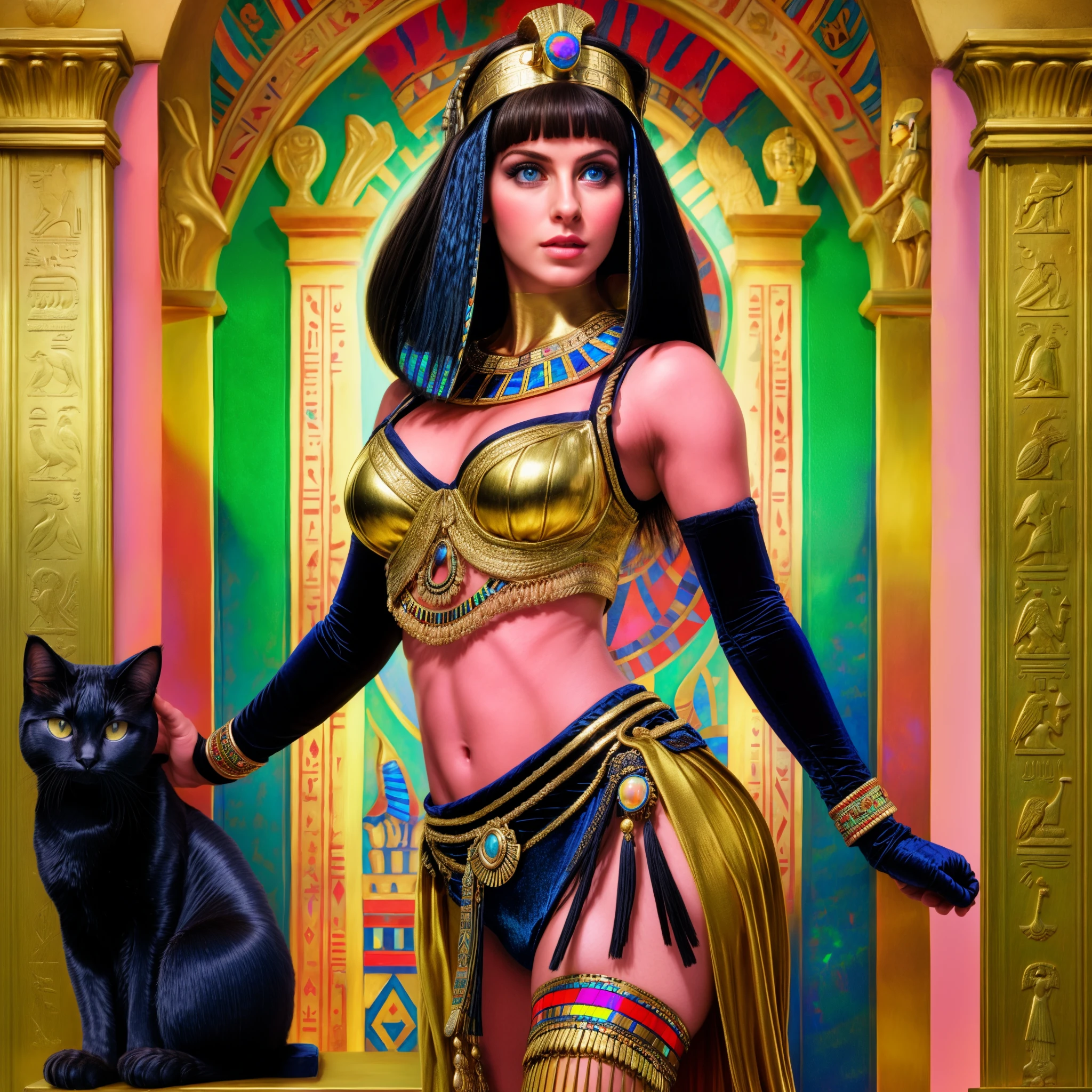 mujer arafed disfrazada con un gato y una ventana, apuesta, egipcio cat goddess, beautiful Cleopatra, egipcio princess, Cleopatra, Cleopatra in her palace, Cleopatra portrait, egipcio, Zenescope, por Wayne Inglaterra, Reina persa, inspirado por Vladimir Tretchikoff, inspirado por Mark Brooks, storm egipcio god, egipcio god, "Egyptian queen", foil and opal more details, straight bangs, toned body, glossy hair, cleopatra, magical, head and shoulders portrait, intricately detailed cat eyes, fantasy art, Poster of an Anthropomorphic cat woman pin-up with Tan Skin, Egyptian features and Black hair dressed as a Greek Art Muse