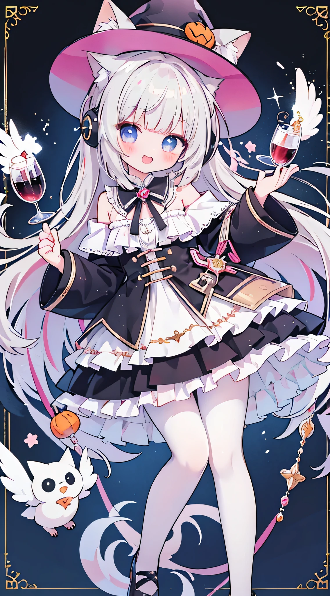 a girl、Angel costume，Angelic scepter，vampire,Holding a glass of red wine,Fuchsia eyes、Wear sneakers，There are a pair of small wings on the shoes,There is talisman paper on the head，jewelry，Take a photo pose，long hair、wavy hair，fangs，shy，blush，Hot，halloween，Shooting star background、masterpiece、Top image quality、top quality、witch clothes、witch hat、超long hair，fox ears，white hair，(white or black pantyhose)，blue eyes、exquisite eyes、beautiful girl、Plump cheeks、cute dress、puffy sleeves、Ruffled skirt、pink ribbons、kawaii、loli、black leg rings，off shoulder strap lolita，with headphones，Wear a nurse's hat，Lift one foot up，black cat，White owl，black and white musical notes,