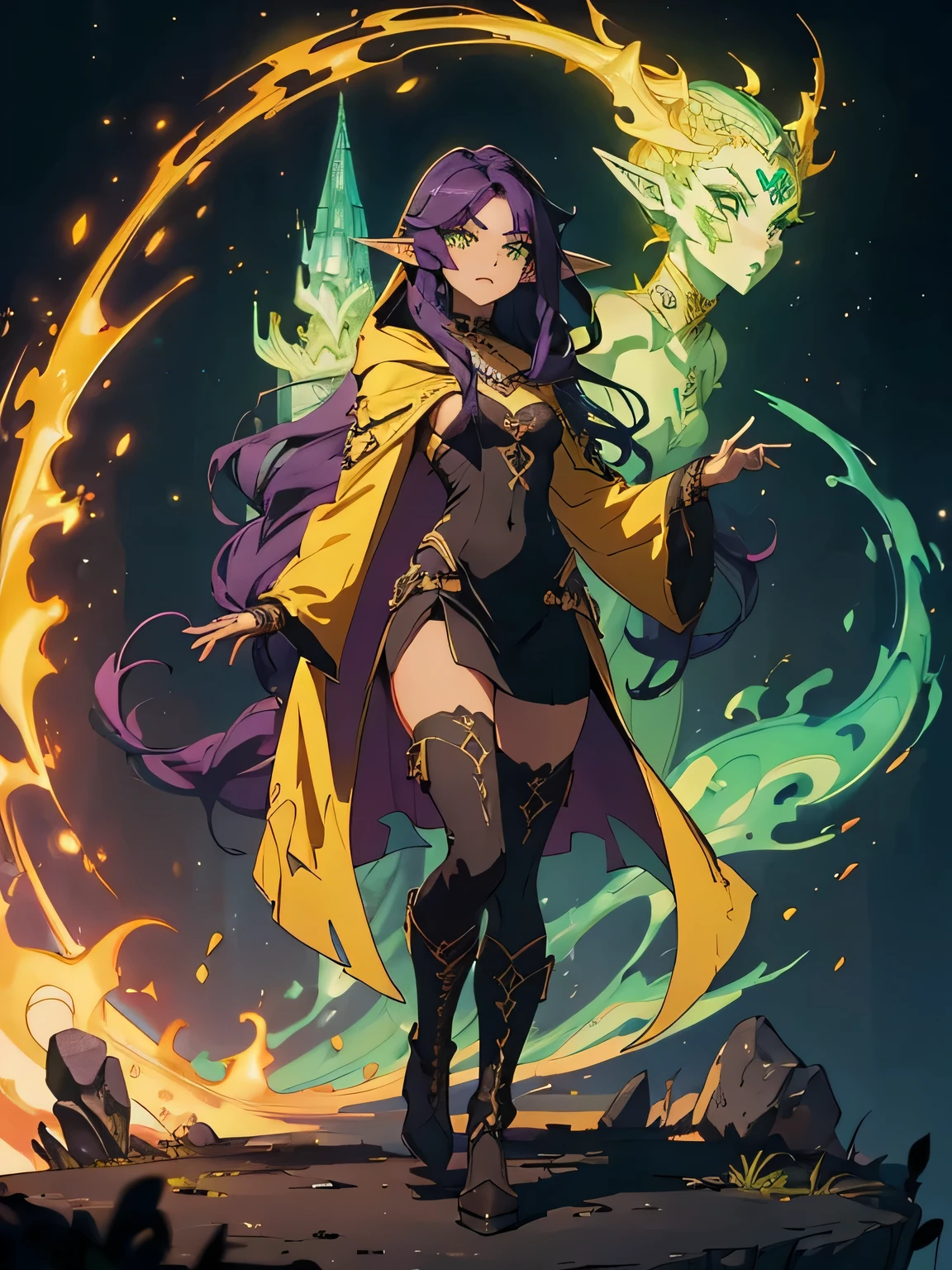 masterpiece, high quality, spacious underground ancient ruins, (1_women), (full body), (exotic skin_complexion), mature, tall, beautiful, exotic, with long elf ears, (looking away from the camera), arms out, hands in front, wearing (((yellow))) hooded cloak), hood down, yellow cloak, sleeveless, black choker, (thigh highs) with purple embroidery, long fingerless leather gloves, ((small breast)), black dress, bright purple hair, long hair, wavy hair, realistic and detailed face having (((green_eyes)), dark_eyeliner, long_eyelashes), natural dynamic lighting casts detailed shadows, knee high dark brown boots, casting magical spells,