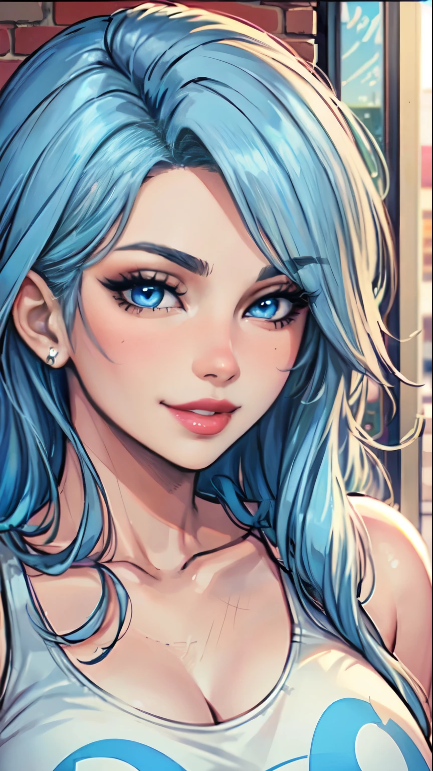 Masterpiece, raw, beautiful art, professional artist, 8k, art style by sciamano240, very detailed face, very detailed hair, 1girl, 25 years old, perfectly drawn body, beautiful face, long hair, light blue hair , very detailed blue eyes, pouty lips , rosey cheeks, intricate details in eyes, playful smile, looking directly at viewer , in love with viewer expression, wedding ring , lipstick, summer downtown setting, very close up on face, wearing trendy summer clothes, tank top,