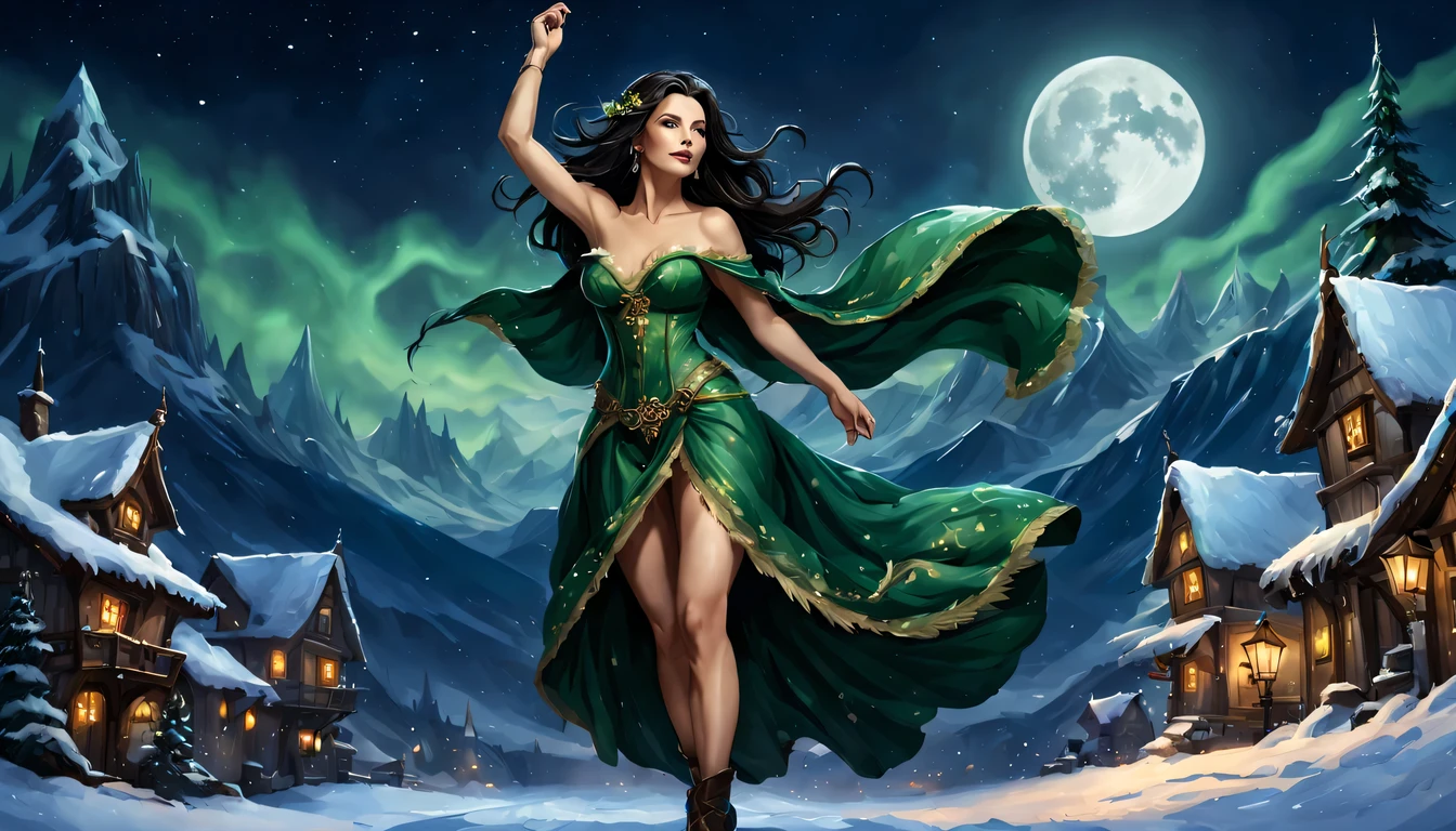 Graceful and fluttering nymph, "Catherina Zeta Jones com vestido Verde escuro longo", caminhando a noite, and with a night sky with moon over snowy mountains, Arte conceitual de inverno, blizzard Arte conceitual de Hearthstone, arte de fundo, arte conceitual estilizada, Fundo da cidade, a bustling magical town, fundo da aldeia nightime, Arte conceitual de Hearthstone, fantasy city setting, arte do jogo de cartas de hearthstone. ”, Noite de Natal de inverno nevada, cidade medieval de fantasia, magical village, Fundo do centro da cidade
