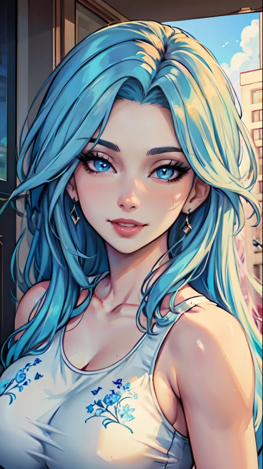 Masterpiece, raw,  beautiful art, professional artist, 8k, art style by sciamano240, very detailed face, very detailed hair, 1girl, 25 years old, perfectly drawn body, beautiful face, long hair, light blue hair , very detailed blue eyes, pouty lips , rosey cheeks, intricate details in eyes, playful smile, looking directly at viewer , in love with viewer expression, wedding ring , lipstick, summer downtown setting, very close up on face, wearing trendy summer clothes, tank top,