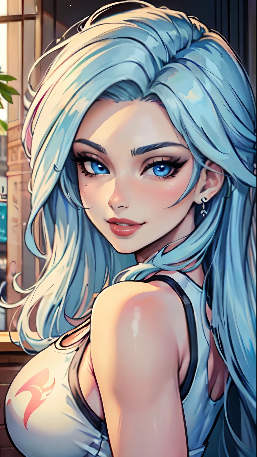 Masterpiece, raw, beautiful art, professional artist, 8k, art style by sciamano240, very detailed face, very detailed hair, 1girl, 25 years old, perfectly drawn body, beautiful face, long hair, light blue hair , very detailed blue eyes, pouty lips , rosey cheeks, intricate details in eyes, playful smile, looking directly at viewer , in love with viewer expression, wedding ring , lipstick, summer downtown setting, very close up on face, wearing trendy summer clothes, tank top,