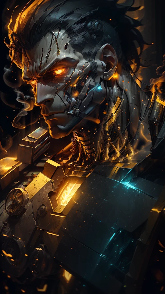 Man with a very serious mechanical body with crossed arms and radioactive and very bright yellow eyes illuminating the environment and giant mechanical muscles and mechanical chest and mechanical face with golden jaw on the square chin and details on the skin of the face and lots of smoke coming out of his mouth