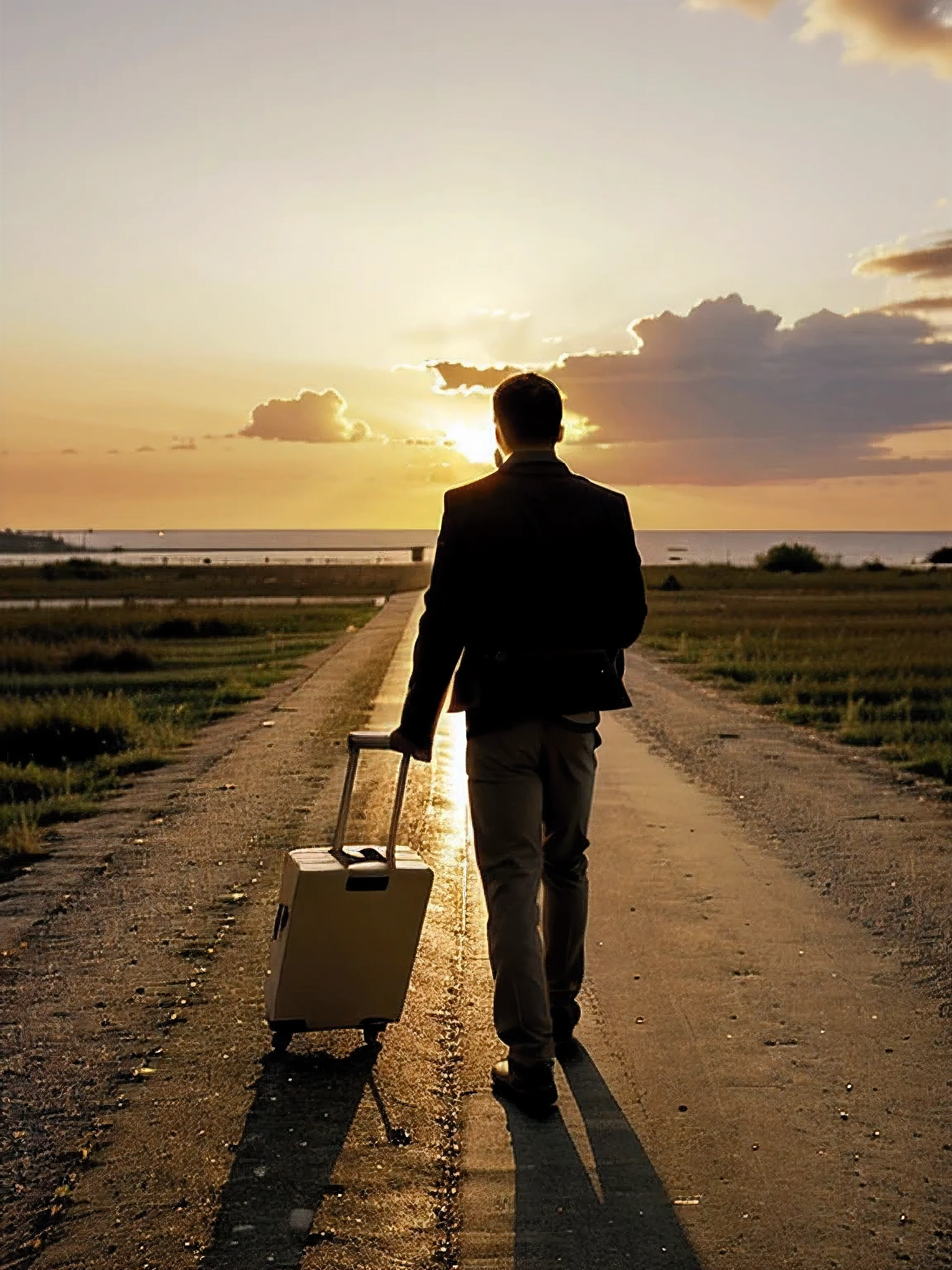 the back of a man with a suitcase heading towards the sunset, andando