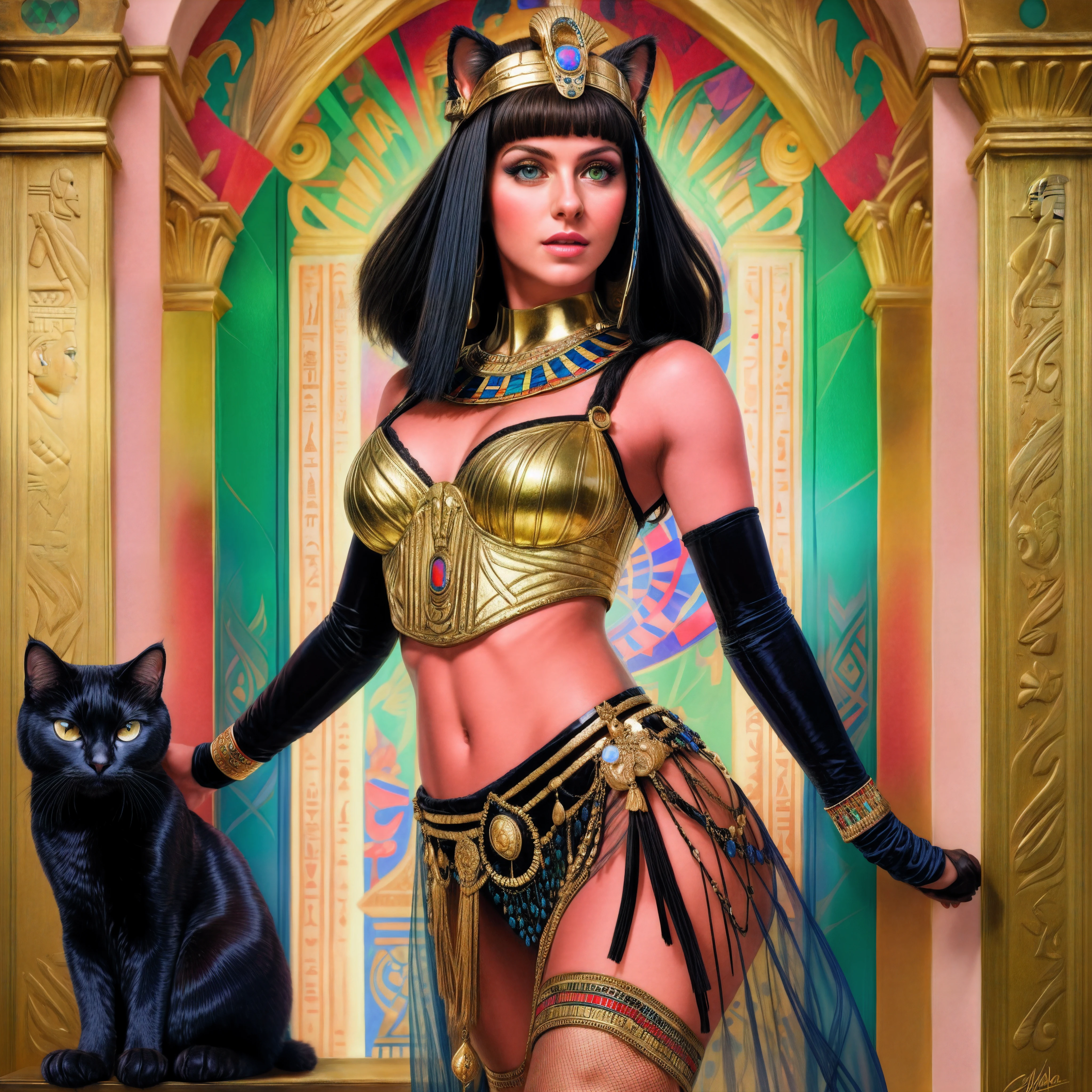 mujer arafed disfrazada con un gato y una ventana, apuesta, diosa gata egipcia, hermosa cleopatra, egipcio princess, Cleopatra, Cleopatra en su palacio, Retrato de Cleopatra, egipcio, Zenescope, por Wayne Inglaterra, Reina persa, inspirado en Vladimir Tretchikoff, inspirado por Mark Brooks, tormenta dios egipcio, egipcio god, "reina egipcia", foil and opal more details, flequillo recto, Cuerpo tonificado, cabello brillante, Cleopatra, magical, Retrato de cabeza y hombros, ojos de gato intrincadamente detallados, fantasy art, Poster of an anthropomorphic catwoman pin-up with tanned skin, Rasgos egipcios y cabello negro vestida como una musa del arte griego.