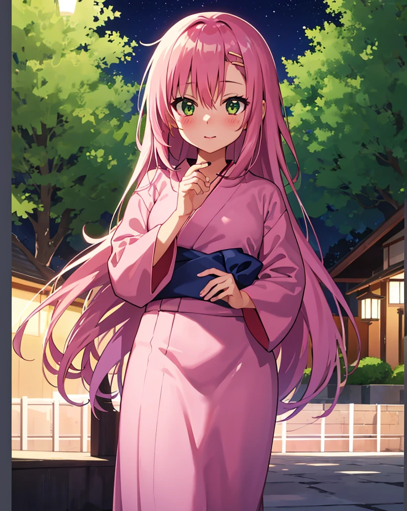 masterpiece, highest quality, 1 girl, Hinagiku Katsura, pink hair, green eyes, very long hair, straight hair, hair between eyes, hair ornaments, Pink yukata、night view、anime screenshot, cowboy shot,