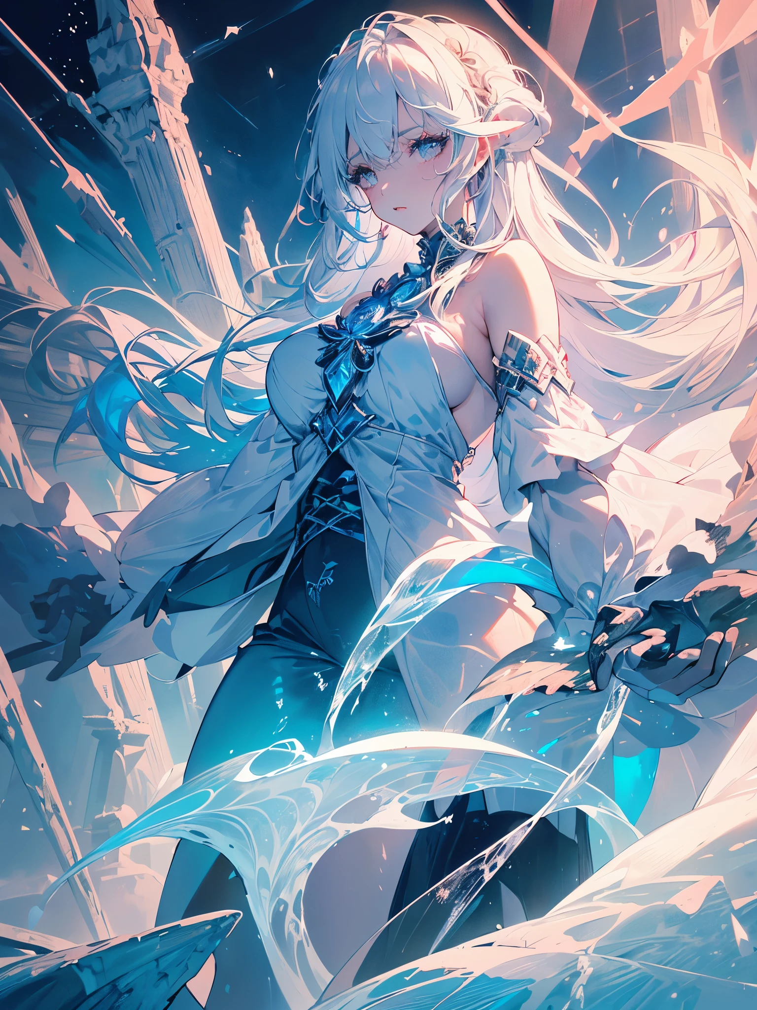 ice queen, girl with a toned face, small mouth, plump lips, serious expression, long hair, white hair with violet highlights, white eyes, white eyelashes, white eyebrows, moving hair, round breasts, big booty, fat thighs, body entire, (((the ice queen sits spread-eagled, around stalagmites like pillars of ice))), {extremely detailed 16k CG unit wallpaper}, expansive landscape photography, (a view from below focusing on character and setting), (wide open field view), (low angle shot), (high light: 1.2), (low light: 1.6), (warm light source: 1.2), complex details, (iridescent colors: 1.5), (bright lighting), (atmospheric lighting), dreamy, unique,