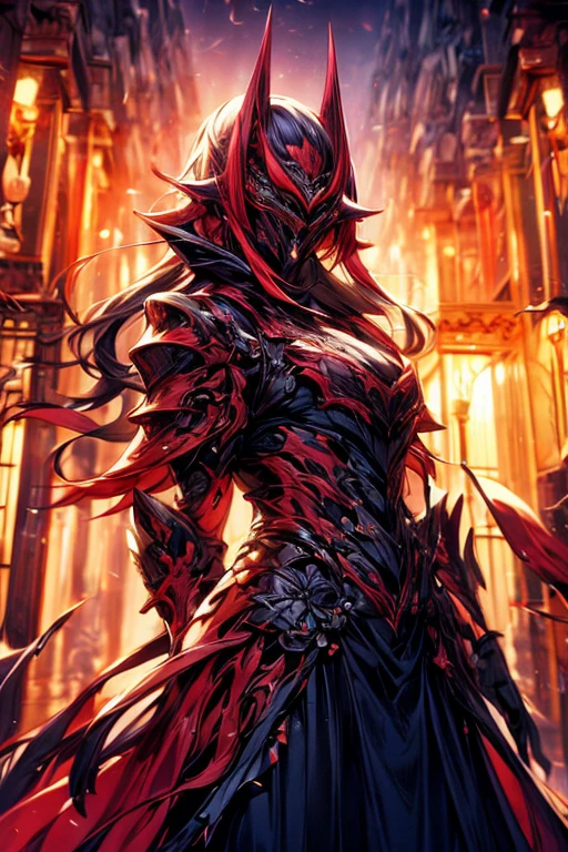 Perfect masterpiece, (Masterpiece:1.2), Best quality, high resolution, Beautiful detailed, Extremely detailed, Perfect lighting, high quality, high resolution, highest image quality, 8k hd. 
1guy. 
blood red and blue hair, Faceless, yellow eyes, glowing eyes, demon horns, long horns. 
Elegant. 
dark blue uniform, battle armor, Energy lines, masks.
Sunrise, flames on the background. 
Dramatic lighting.
Highly detailed background.
