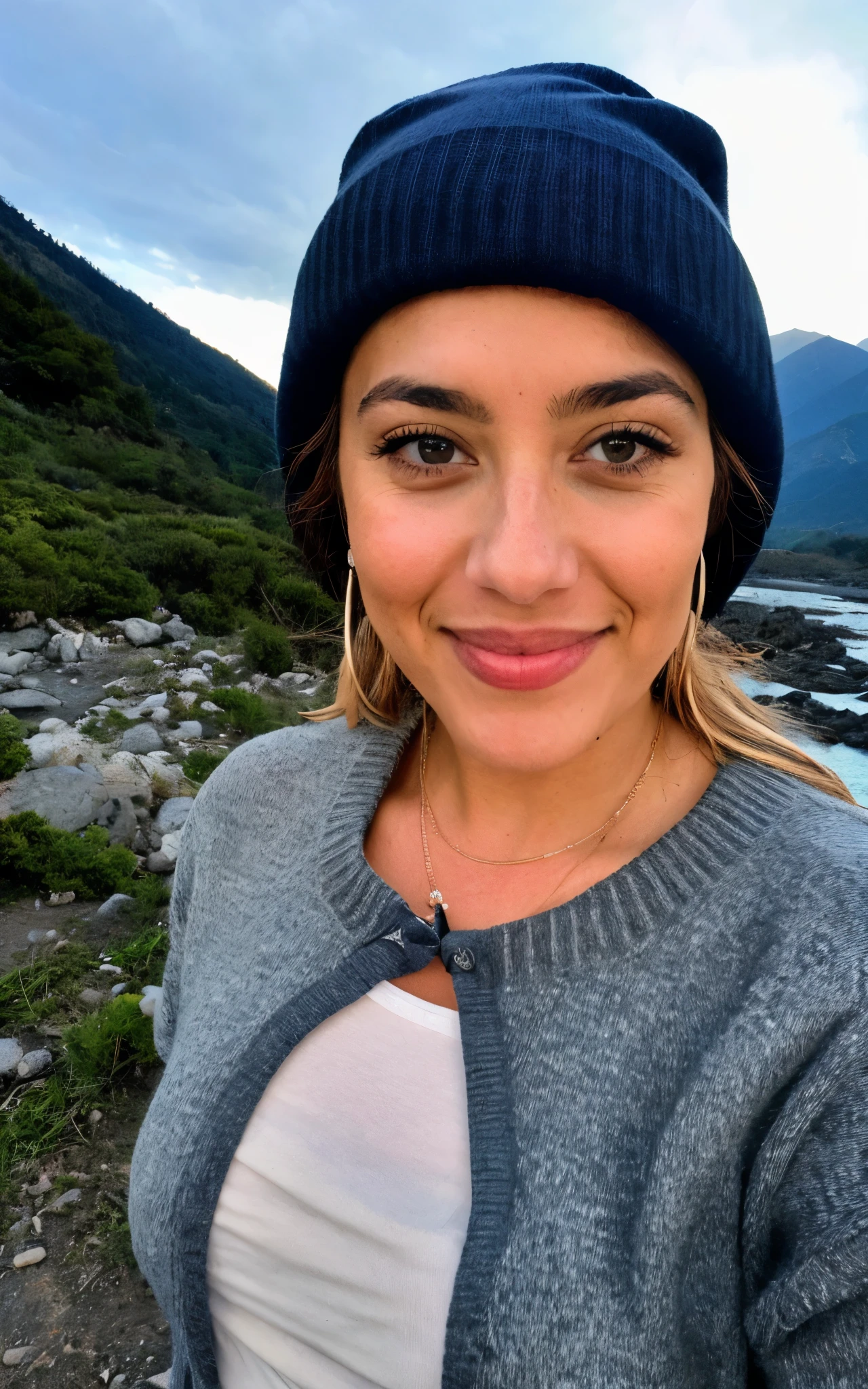 Photography, Foto de Beautiful Woman, autofoto, parte superior del cuerpo, Solo, vistiendo jersey, al aire libre, (noche), mountains, Naturaleza de la vida real, estrellas, Luna, alegre, feliz, guantes, sweater, gorro, bosque, rocas, river, madera, fumar, niebla, mirando al espectador, textura de la piel, grano de foto, de cerca, foto cruda