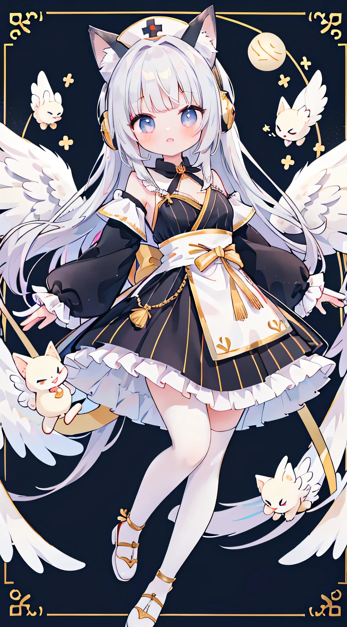 Whole BodyEsbian、Standing picture,a girl,Angel服装,Angel权杖,Angel,With a crown on his head,Maruko hair,golden eyes,Wear sneakers,There are a pair of small wings on the shoes,There is a pair of small wings on the head,There is a pair of large wings behind him,There is a gem mark on the forehead,There is a big bow on the chest,with headphones,Wearing a gold hairpin on her head,With golden feathers on the head,There are many ornaments hanging on the body,Carrying a big sword behind his back,Cupid's arrow in hand,jewelry,Take a photo pose,Double tail,shy,blush,Hot,Mid-Autumn Festival,Shooting star background,Heaven,masterpiece,Top image quality,top quality,off shoulder strap ta,There is a big gem on the chest,super long hair,fox ears,white hair,(white or black pantyhose)、exquisite eyes、beautiful girl、Plump cheeks、cute dress、puffy sleeves、Ruffled skirt、pink ribbons、kawaii、lolick leg rings,with headphones,Wear a nurse's hat,Lift one foot up,black cat,Bald Eagle,black and white musical notes,cute big breasts,