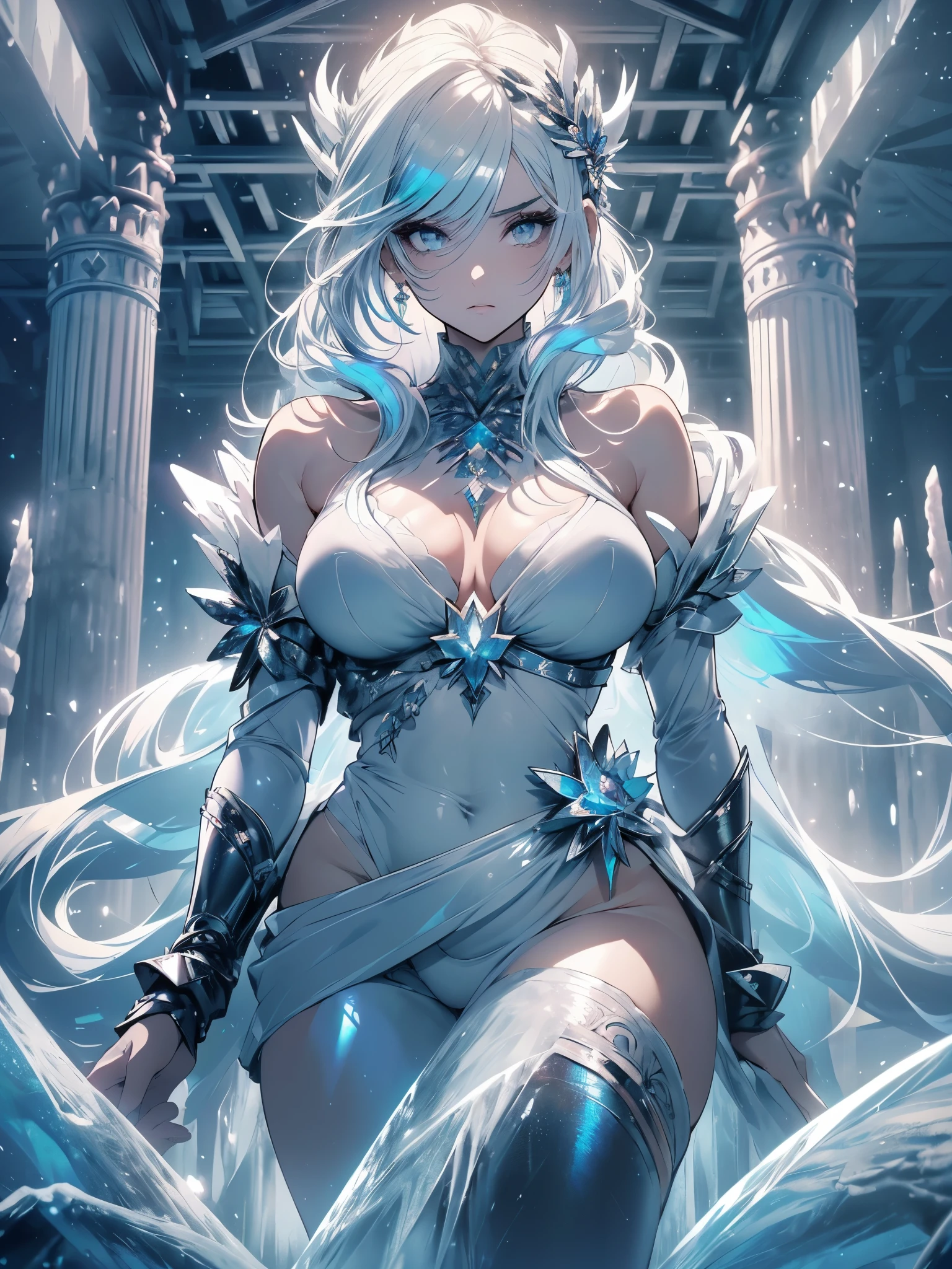 ice queen, girl with a toned face, small mouth, plump lips, serious expression, long hair, white hair with violet highlights, white eyes, white eyelashes, white eyebrows, moving hair, round breasts, big booty, fat thighs, body entire, (((the ice queen sits spread-eagled, around stalagmites like pillars of ice))), {extremely detailed 16k CG unit wallpaper}, expansive landscape photography, (a view from below focusing on character and setting), (wide open field view), (low angle shot), (high light: 1.2), (low light: 1.6), (warm light source: 1.2), complex details, (iridescent colors: 1.5), (bright lighting), (atmospheric lighting), dreamy, unique,