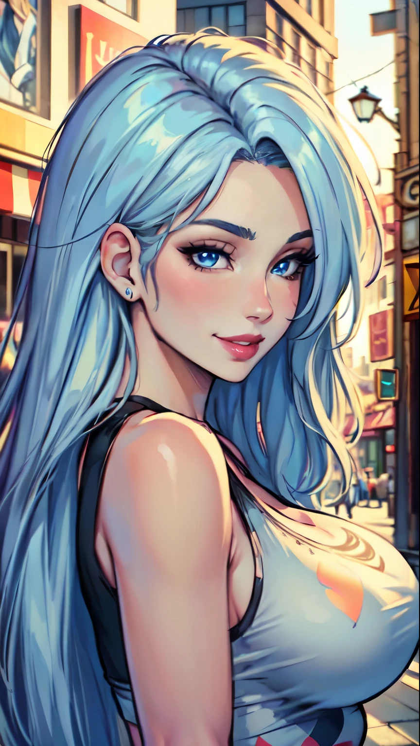 Masterpiece, raw,  beautiful art, professional artist, 8k, art style by sciamano240, very detailed face, very detailed hair, 1girl, 25 years old, perfectly drawn body, beautiful face, long hair, light blue hair , very detailed blue eyes, pouty lips , rosey cheeks, intricate details in eyes, playful smile, looking directly at viewer , in love with viewer expression, wedding ring , lipstick, summer downtown setting, very close up on face, wearing trendy summer clothes, wearing a guess tank top,