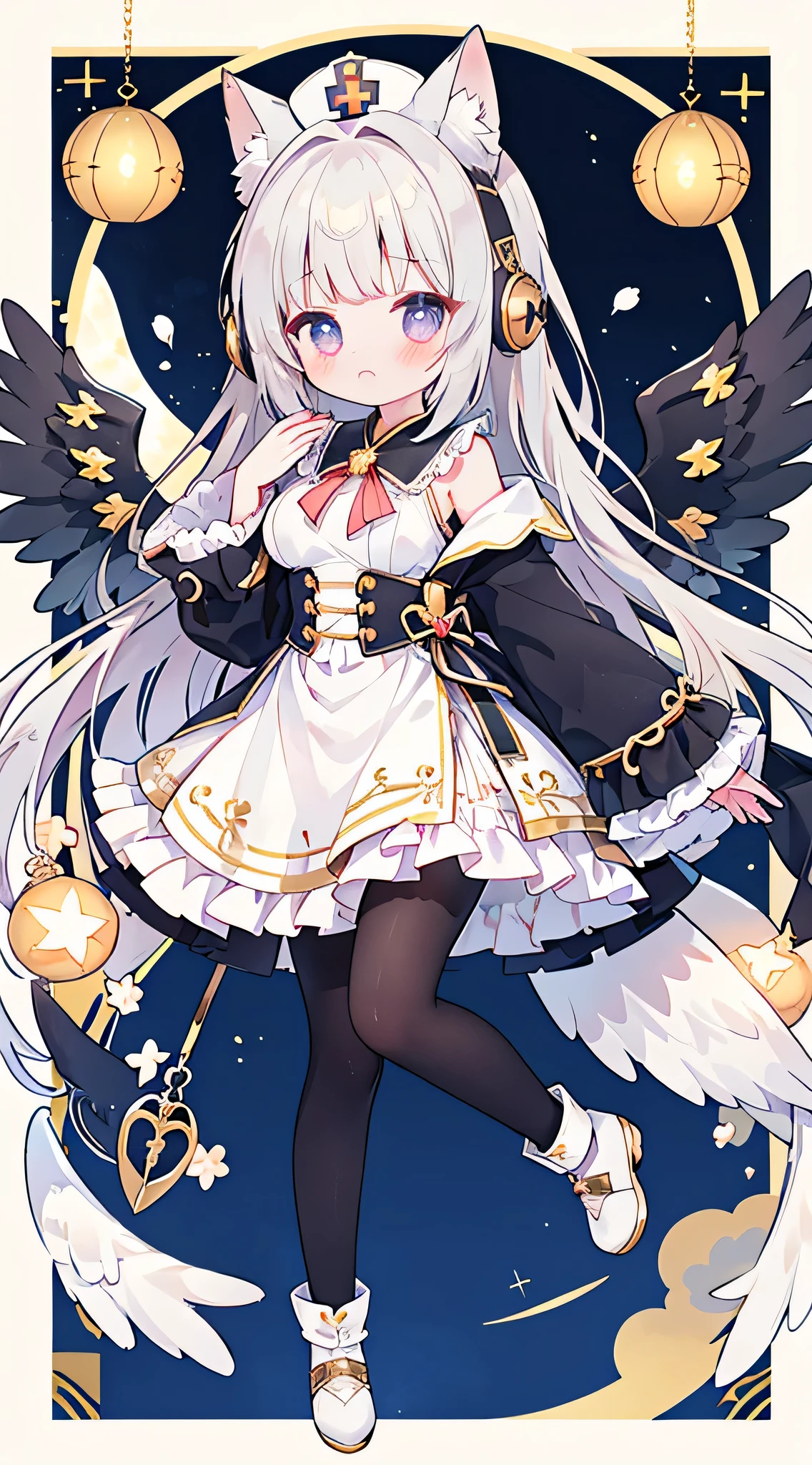 Whole BodyEsbian、Standing picture,a girl,Angel服装,Angel权杖,Angel,With a crown on his head,Maruko hair,golden eyes,Wear sneakers,There are a pair of small wings on the shoes,There is a pair of small wings on the head,There is a pair of large wings behind him,There is a gem mark on the forehead,There is a big bow on the chest,with headphones,Wearing a gold hairpin on her head,With golden feathers on the head,There are many ornaments hanging on the body,Carrying a big sword behind his back,Cupid's arrow in hand,jewelry,Take a photo pose,Double tail,shy,blush,Hot,Mid-Autumn Festival,Shooting star background,Heaven,masterpiece,Top image quality,top quality,off shoulder strap ta,There is a big gem on the chest,super long hair,fox ears,white hair,(white or black pantyhose)、exquisite eyes、beautiful girl、Plump cheeks、cute dress、puffy sleeves、Ruffled skirt、pink ribbons、kawaii、lolick leg rings,with headphones,Wear a nurse's hat,Lift one foot up,black cat,Bald Eagle,black and white musical notes,cute big breasts,
