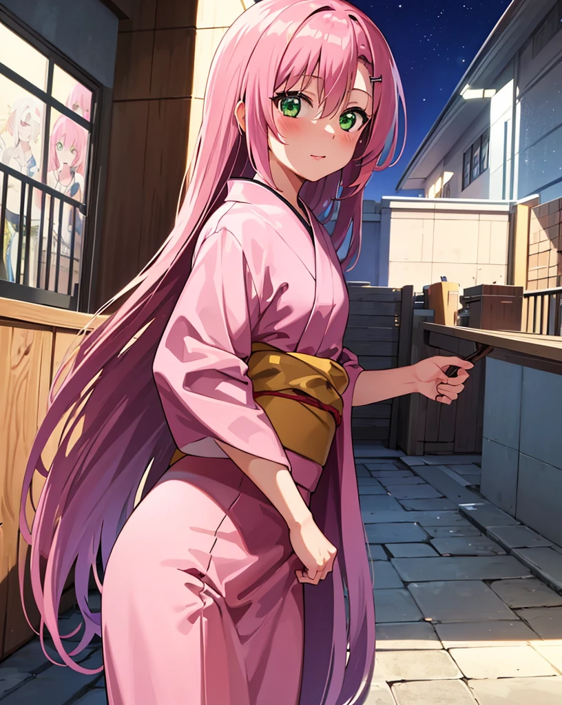 masterpiece, highest quality, 1 girl, Hinagiku Katsura, pink hair, green eyes, very long hair, straight hair, hair between eyes, hair ornaments, Pink yukata、night view、anime screenshot, cowboy shot,