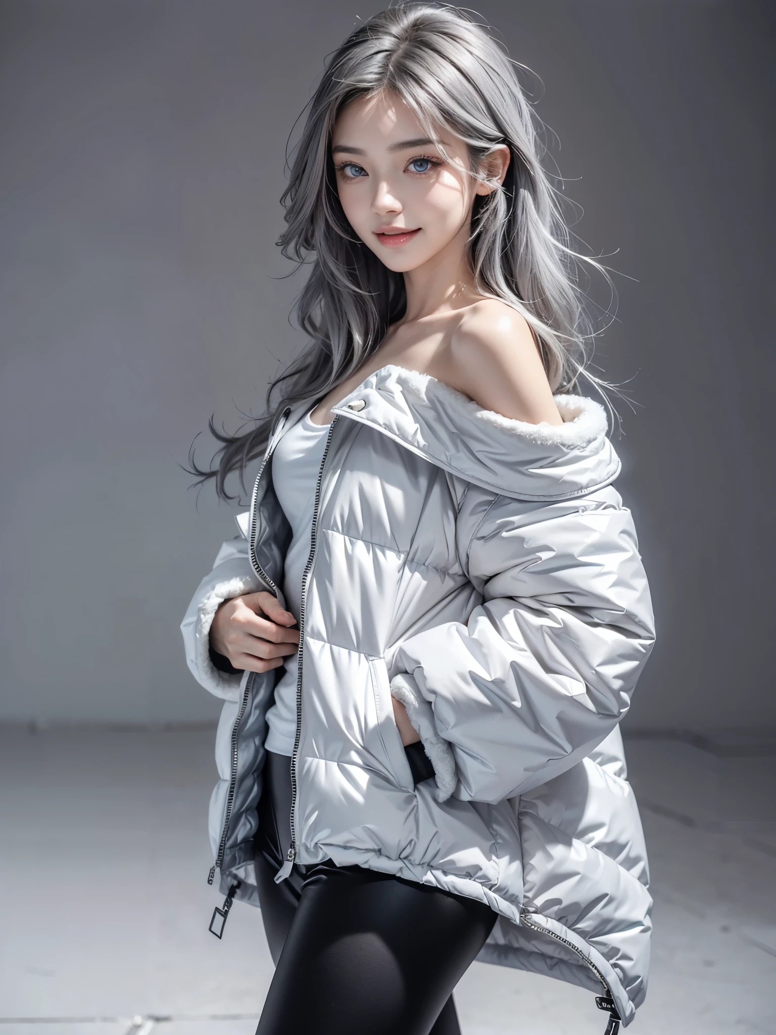 (anime:1.4), (Geometric art:1.4), (gorgeous, elegant, luxury:1.2), (beautiful still life painting art:1.3), (ultra detailed, beautiful, masterpiece, best quality:1.3),
_
BREAK (1girl:1.2), 22 years old, (160 cm, Japanese cute model, beautiful ratio of all body:1.3), (Tightened all body, medium Breasts, small head, small face, diamond Face, small nose, Sharp Faceline, Detailed face, Detailed eyes), perfect young hands and fingers, No defects hands and fingers, five fingers,
_
BREAK (happy, smile, Glossy Lips:1.3), (Light color lips, Half open mouth, beautiful Teeth:1.2), (dropy eyes, Double eyelid, light color eyes, Shiny eyes:1.5), Shiny skin,
_
BREAK (arranged hairstyle:1.3), (gray hair:1.2), shiny hair, Detailed hair,
_
BREAK (futuristic simple white background:1.2), (blurry background, mist, fog:1.2),
_
BREAK (front shot:1.2), (model standing confidently with hands in pockets:1.1),
BREAK (White oversized down jacket with faux fur trim:1.2), (off-shoulder design:1.2), (zipper closure:1.1), (matte finish:1.1),
BREAK
(Black theme:1.2), (high-waisted black leggings with subtle sheen:1.2), (ankle-length:1.1), (comfortable fit:1.1), (minimalist design:1.1),
BREAK
(Subtle urban background:1.1), (soft natural light:1.1),
(Bold and chic fusion of comfort and style in this oversized down and leggings ensemble), (White high Sneaker:1.2),