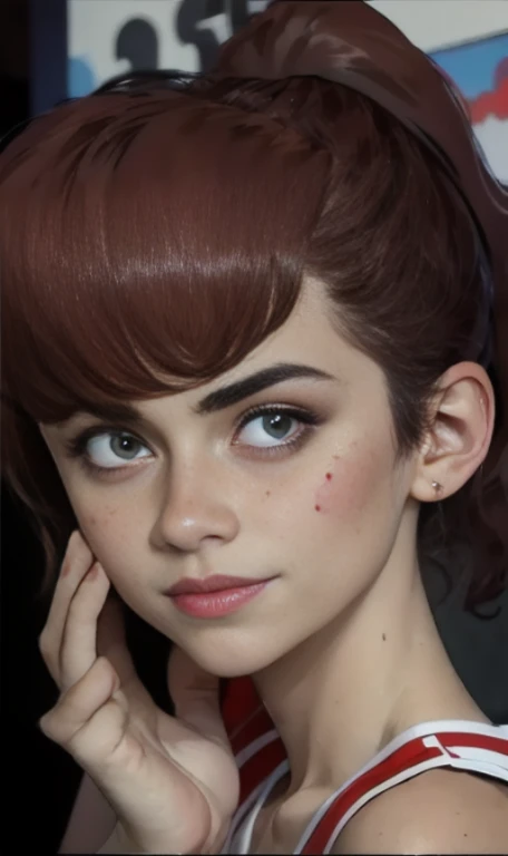 Photo of a 15-year-old European girl, .RAW, beautiful woman, (Light brown hair with ponytail hairstyle ), peinado de cola de caballo ((retrato)), ((Cara detallada:1.2)), ((Detailed facial features)), (Piel finamente detallada), con pecas en mejillas y pecho ,parque,、ropa reveladora transparente , Christmas Dress , vestido de Santa Claus 、senos medianos, pechos grandes , gran sonrisa (cool color), humid, humid, Reflectoreasutepiece) (proporciones perfectaotos realistas)(La mejor calidad) (Detallado) fotografiado con una EOS R5 de Canon, Lente de 50 mm, f/2.8, NffSW, (8k) (papel tapiz) (cinematic lighting) (Dramatic lighting) (sharp focus) (Enrevesado) , estadio de hockey ,cuerpo completo, hermoso cuerpo de mujer , Posing and waving to the camera