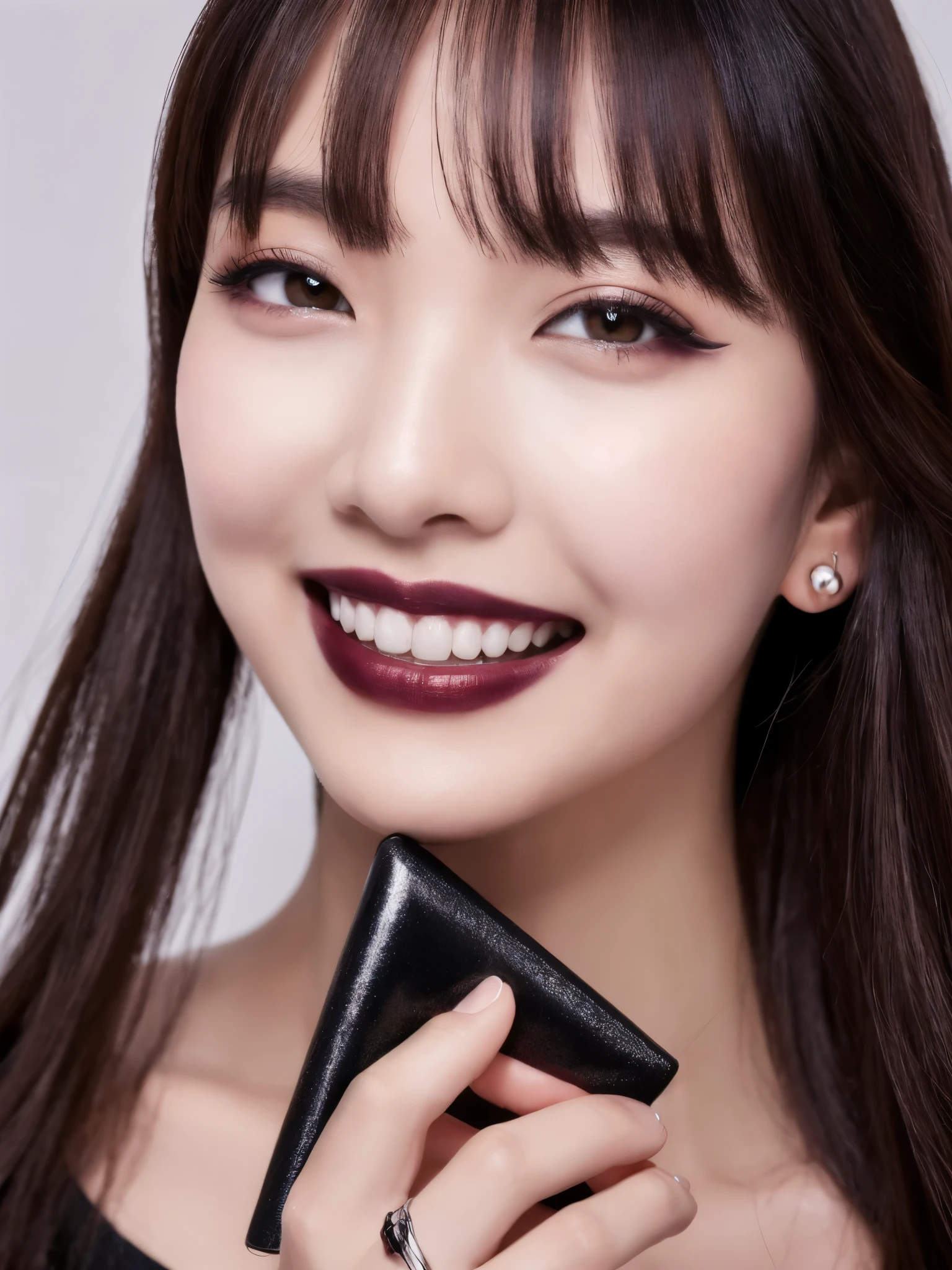 Best quality, masterpiece, ultra high res, photorealistic, raw photo, unity 8k wallpaper,(black lips:1.3),(black eyeshadow:1.3),parted lips,,(evil smile:1.1)