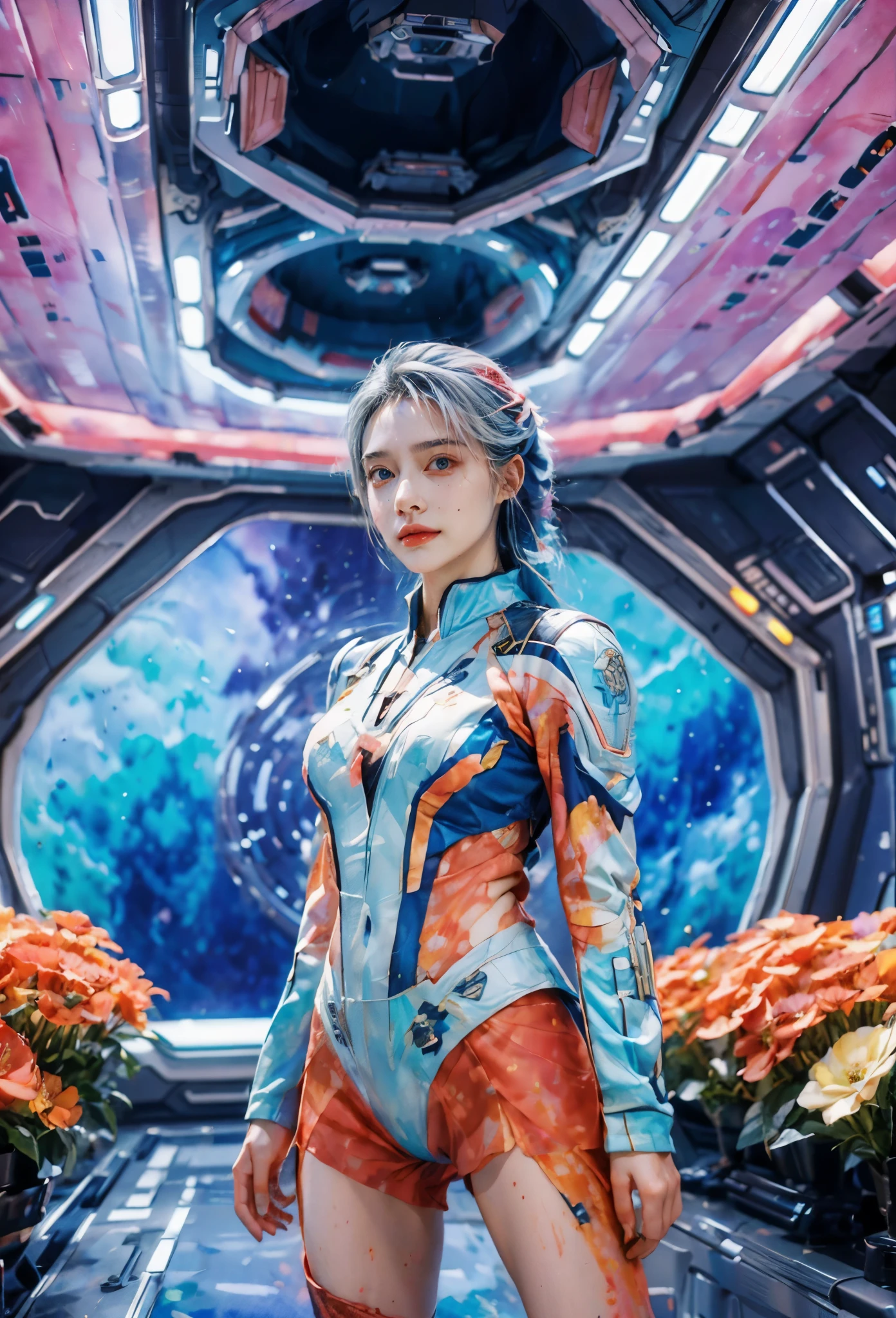 Full-length portrait of a 24-year-old female starship captain,In a futuristic sci-fi scenario,Highlighting her full body image and starship interior。she stands confidently,Captain dressed in futuristic sci-fi style,It is both fashionable and marks her class。her expression will be smiling、Calmness combined with a touch of cuteness,Make her instantly lovable。Background reveals the interior of the starship,Contains advanced technical controls、Screens and futuristic design elements,Enhanced science fiction theme。The scene should capture her leadership qualities and the advanced environment of the starship,Portraying her as a competent and admirable captain in the future world。, (floral watercolor painting:1.5),(Super high saturation, bright and vivid colors:1.5), (nsfw), (Look at the audience head-on:1.5)