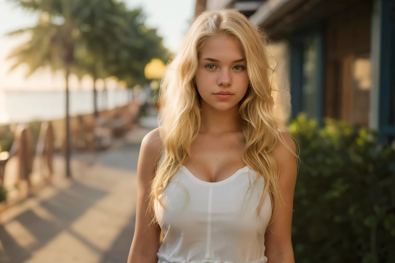 a 20 year old american girl, blonde hair huge tits.bare shoulders in a green dress